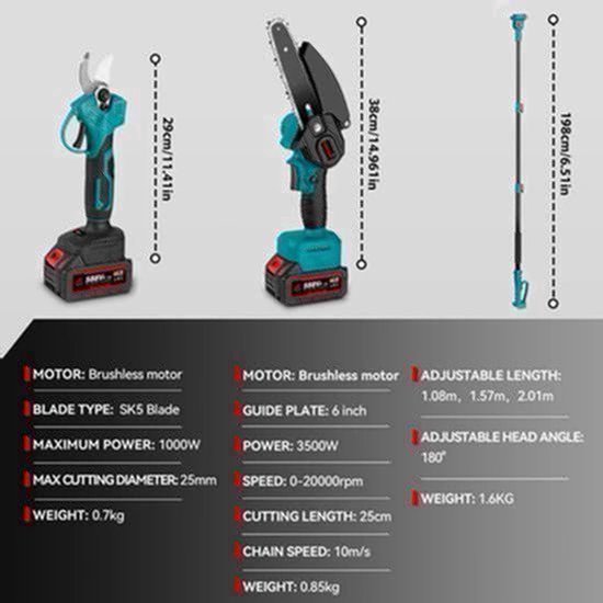 Mini Kettingzaag - Kettingzaag - Snoeizaag - Takkenzaag - Handzaag - Telescoop Kettingzaag - 3500W - 3-in-1 - Automatische Kettingsmering - Brushless - Tuin Schaar Snoei Gereedschap - 2 Batterij EU Stekker — afbeelding 2