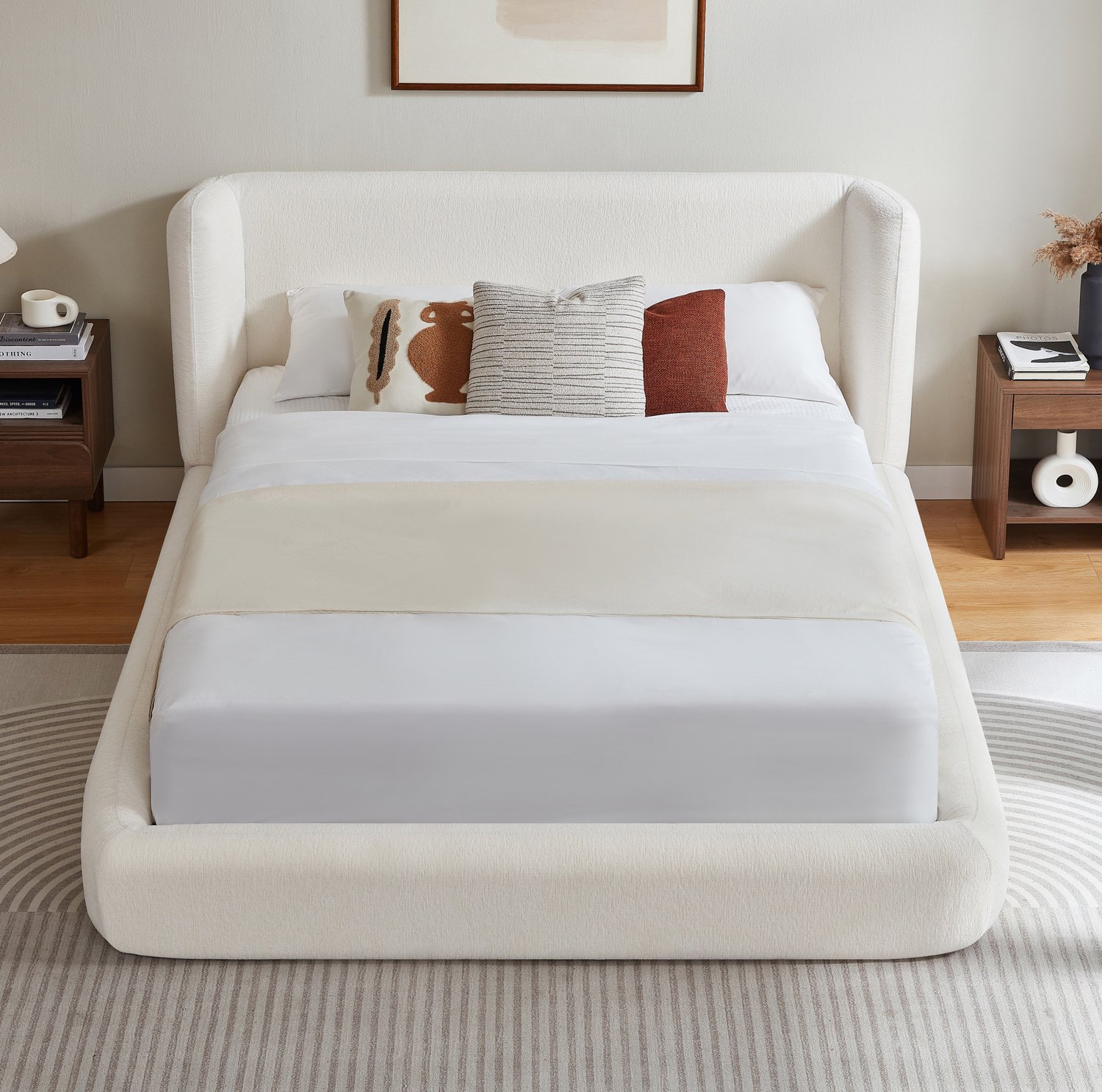 WUVRIE Tweepersoonsbed 160x200 cm - Gestoffeerd hoofdbord en versterkt stalen frame - Crèmewit