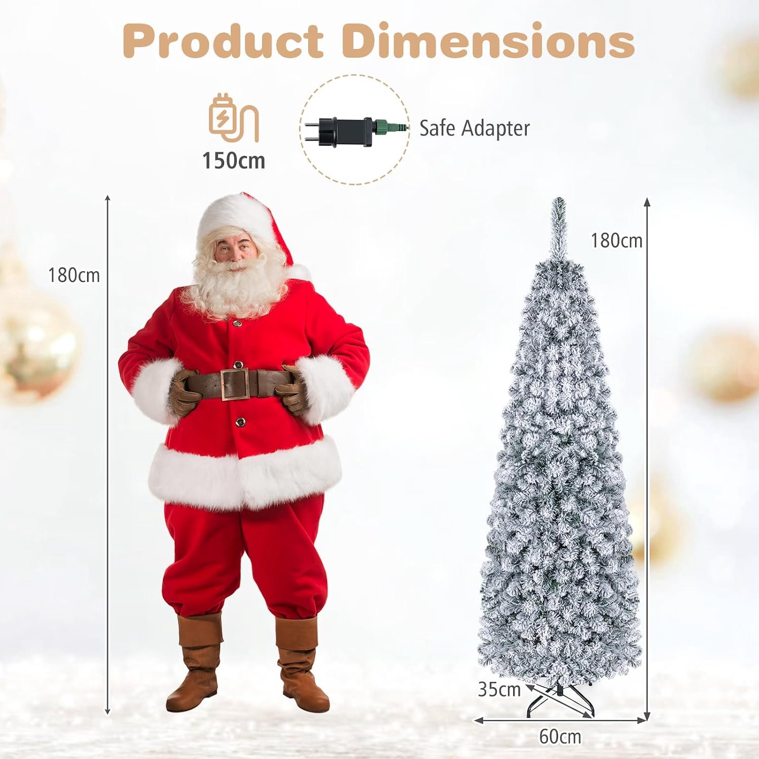 COSTWAY Smalle Kunstkerstboom 180 cm - Potloodkerstboom met 250 Warmwitte LED-lampjes - 500 Takken - Sneeuweffect - Metalen Standaard - Groen en Wit – foto 4
