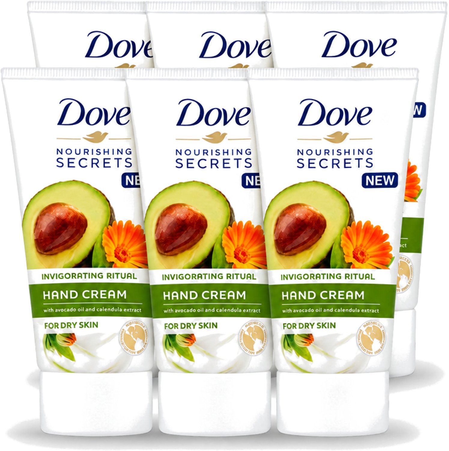 6 x Dove Nourishing Secrets - Handcrème - Avocado olie & Goudsbloem extract - Droge huid -75 ml - Voordeelverpakking - 6 stuks