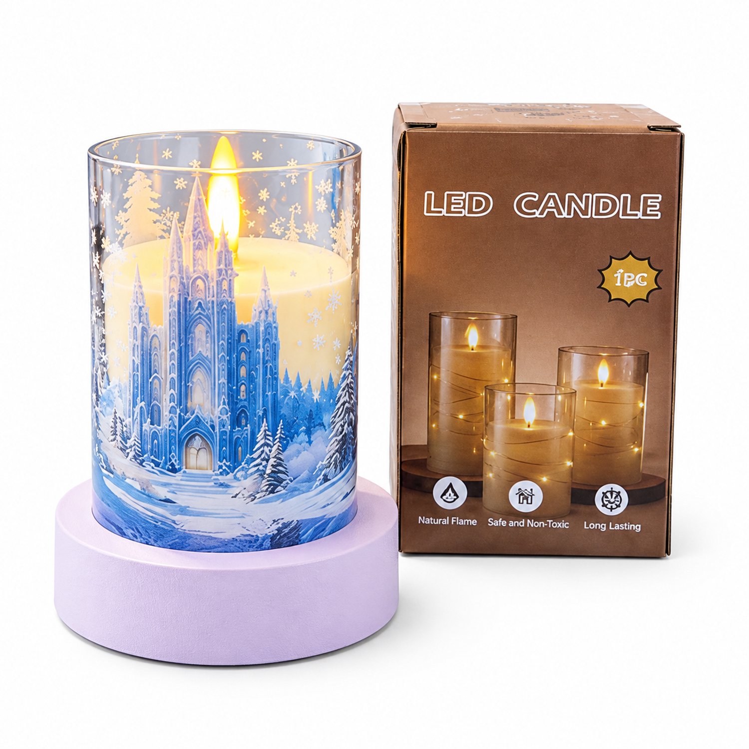 SWGOTA led kaarsen met kasteelprint - 1 stuk, 7,5 x 10 cm, kunststof, warm licht, doosverpakking, zonder batterijen Blauw