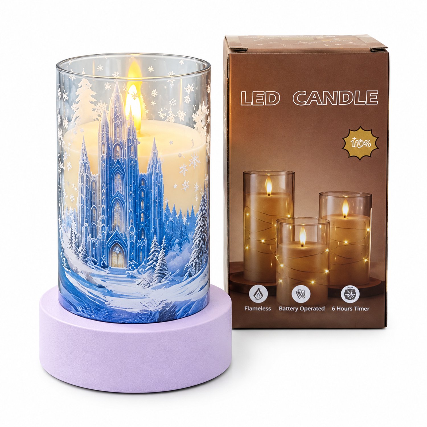 led kaarsen voor kerstdecoratie: 1 kunststof kaars met kasteelprint, warme verlichting, 7,5 x 12,5 cm, in kartonnen doos, zonder batterijen