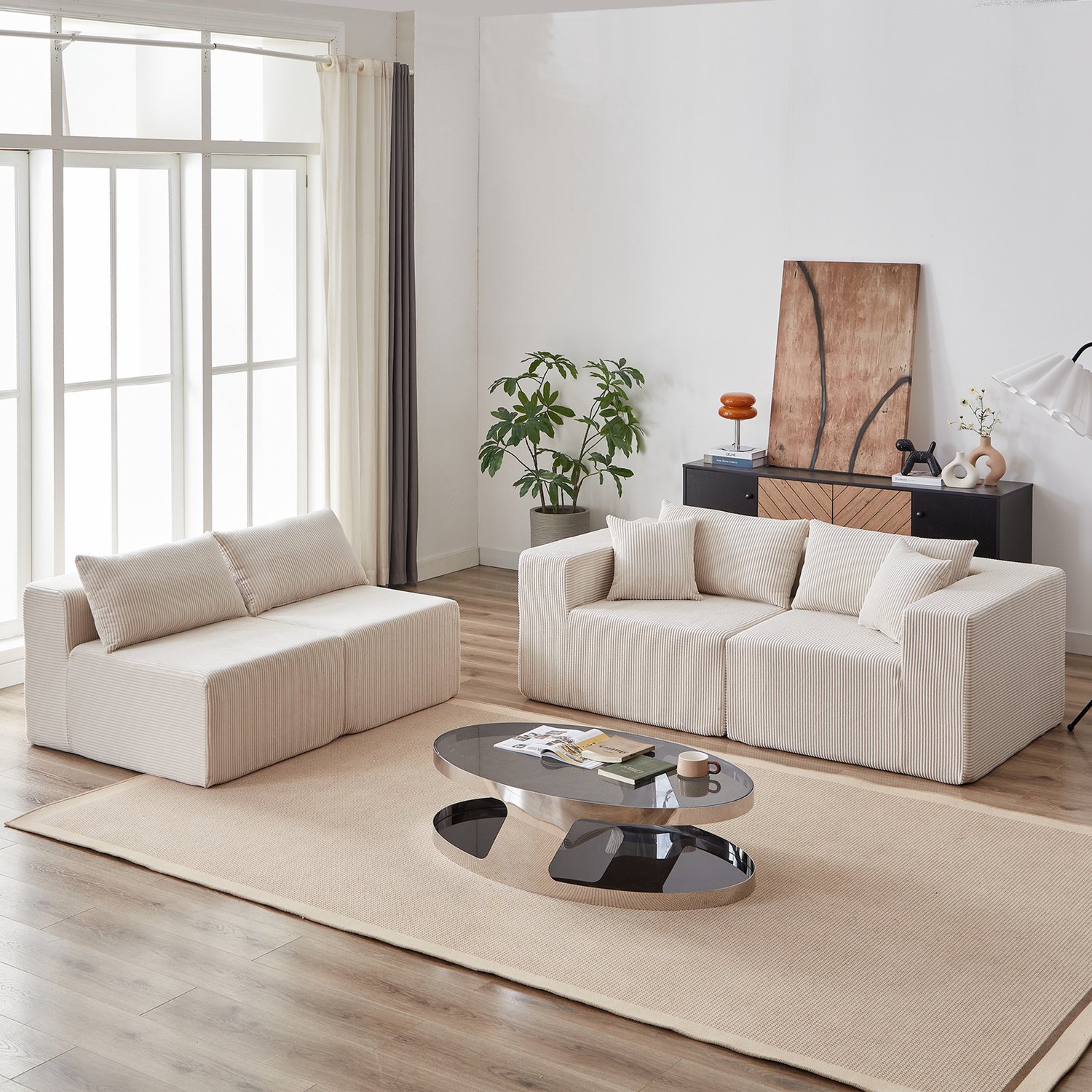 MIVRAY Hoekbank 264 x 167 cm - Modulaire L Vorm Met Zachte Ribfluwelen Bekleding - 4 Zits Voor Woonkamer En Slaapkamer - Beige