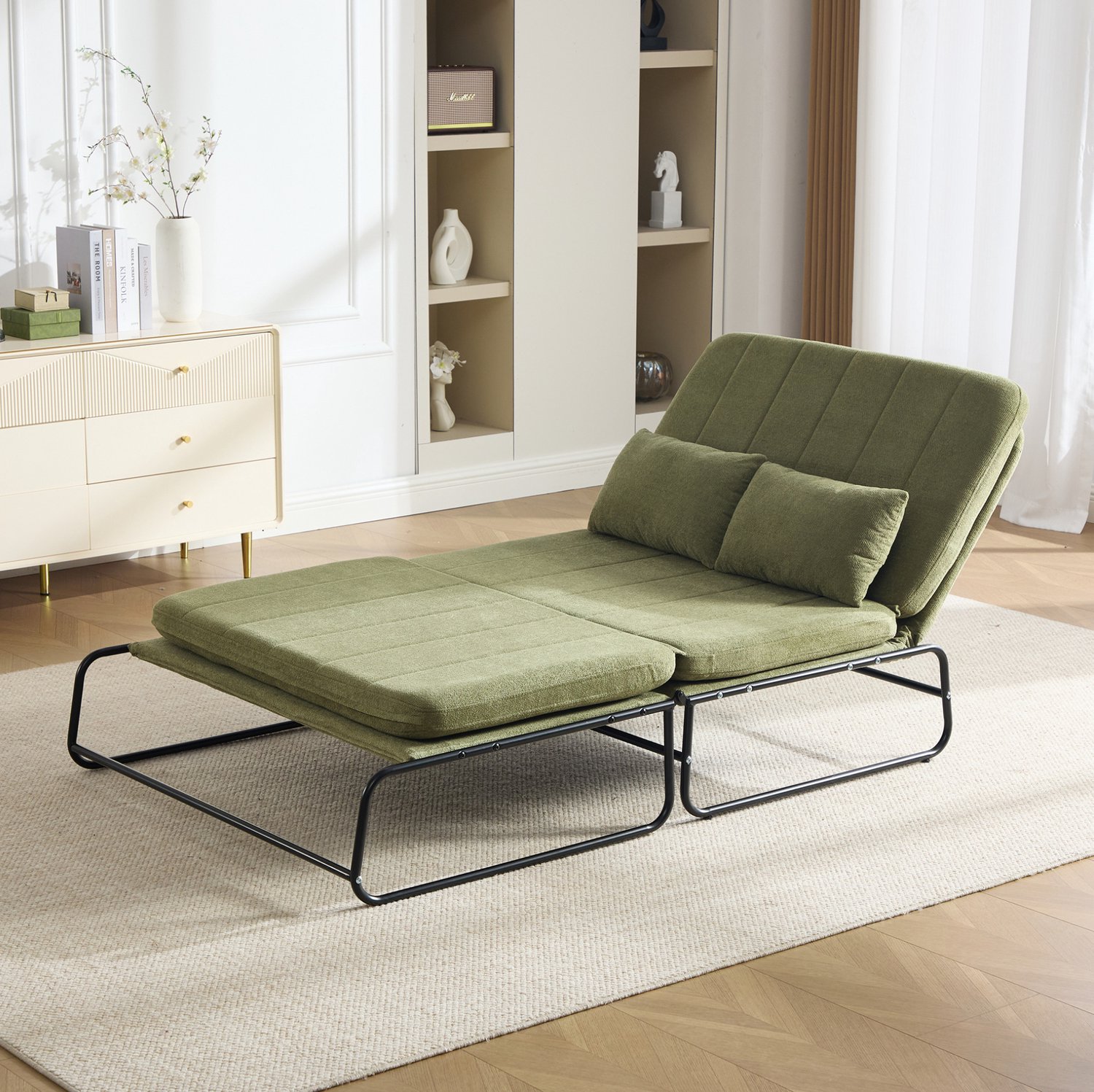 CHICFURN 2-zits slaapbank - Uitklapbaar - Metalen frame - Olijfgroen