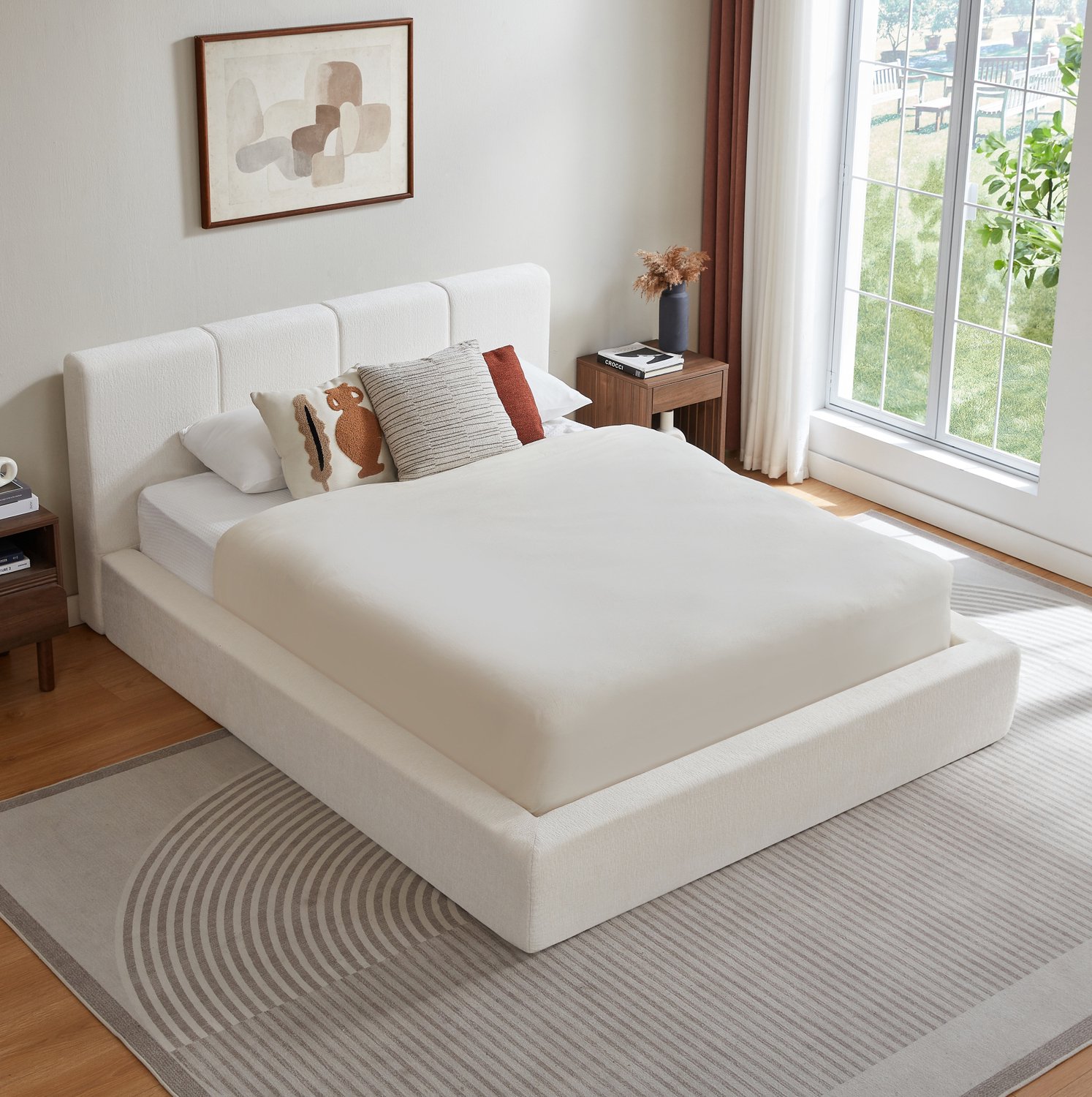 WUVRIE Bedframe 140x200 cm - Gestoffeerd hoofdbord en stalen frame - Crèmewit