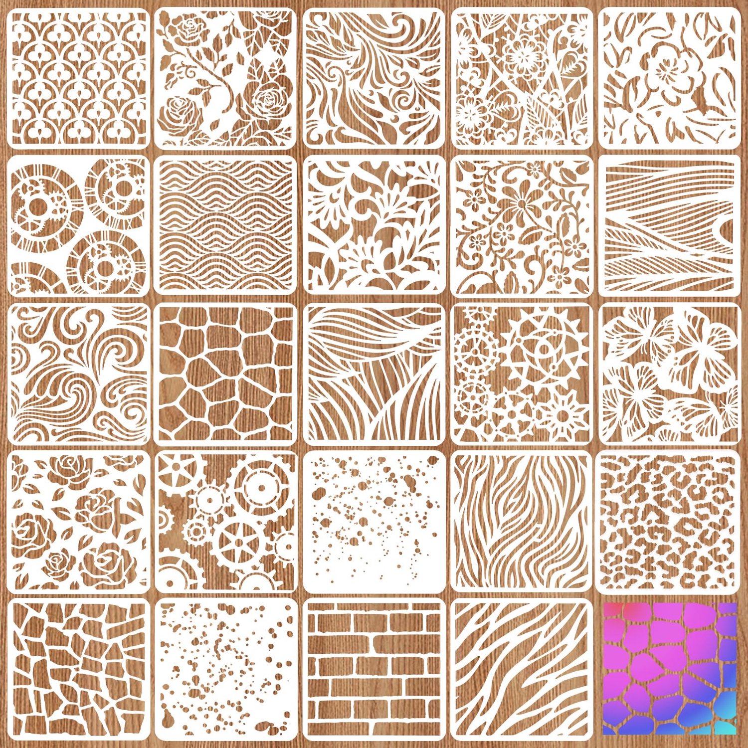 Schildersjablonen 24 Stuks - Gemengde Textuur - Geometrische Stencils - Herbruikbare Overlay - 10 cm x 10 cm - PET Materiaal