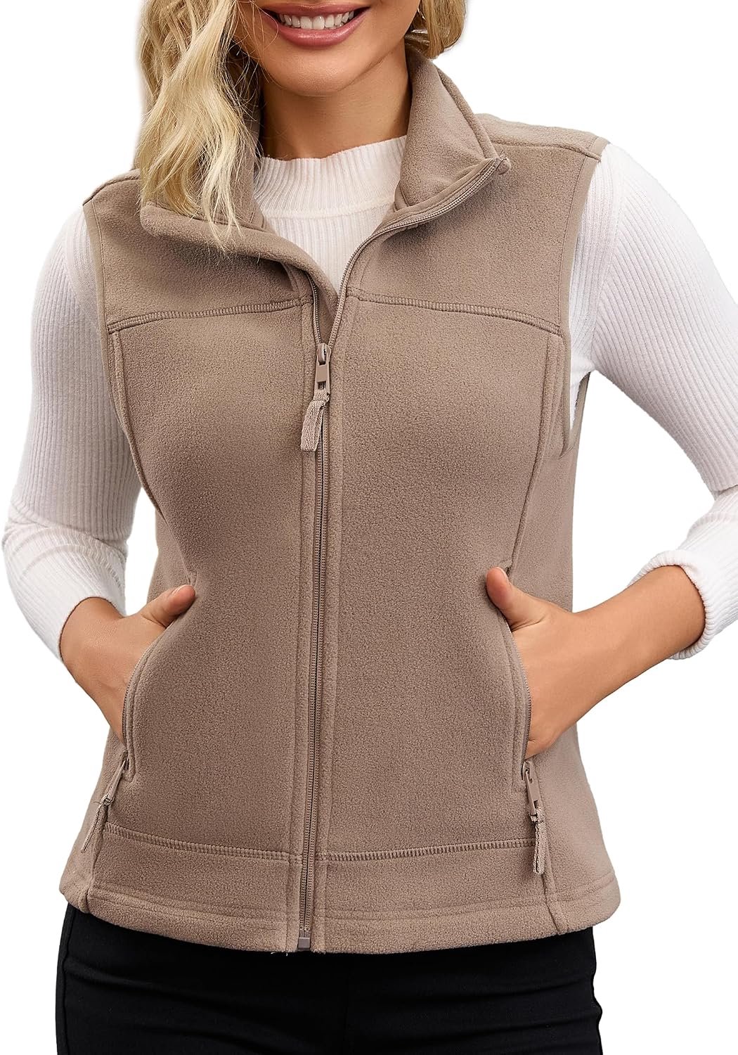 Fleece vest met rits en opstaande kraag, buiten met zakken
