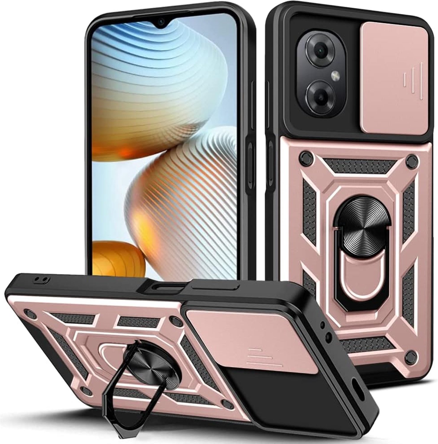 Hulpje voor Xiaomi Poco M5 4G/M4 5G/Redmi 11 Prime 4G met schuifbare camerabeschutting, draaibare ringhouder, stootvast en krasbestendig