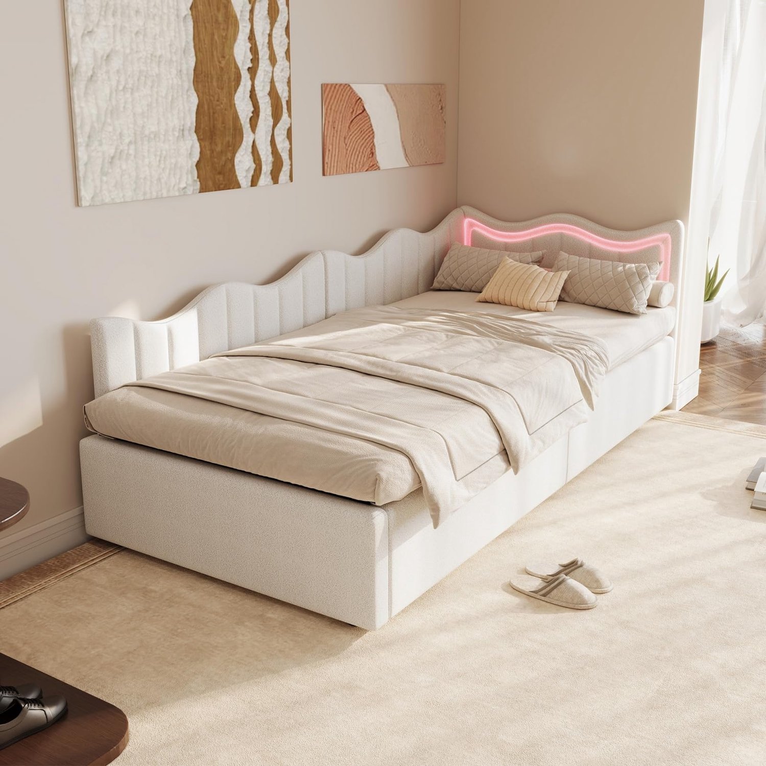 Gestoffeerde Sofa Bed 90 x 200 cm - Beige Velours met LED