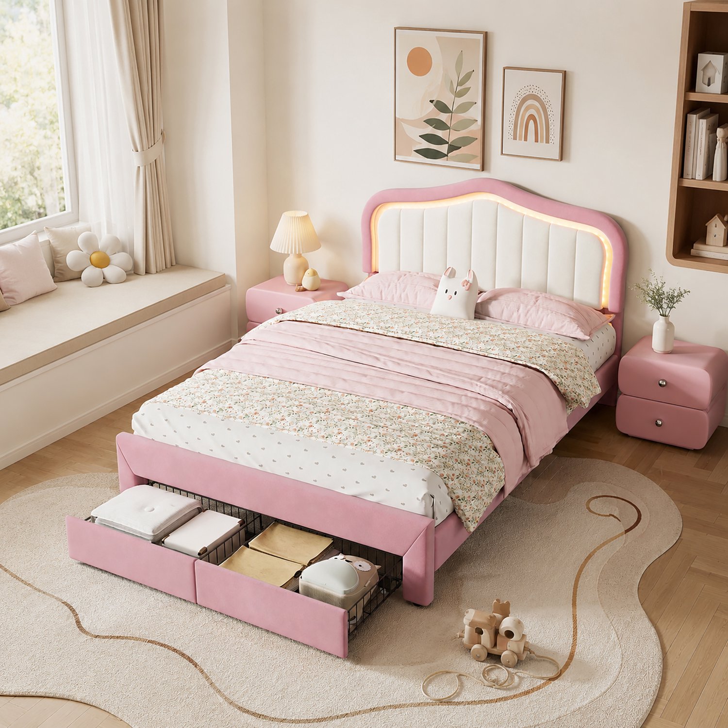WUVRIE Kinderbed 140x200 cm - 2 lades en appgestuurde LED-verlichting - Roze