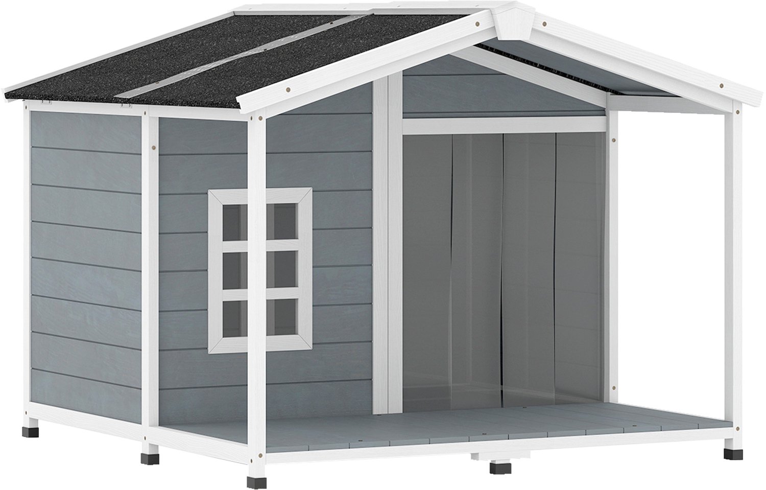 Pawona Houten hondenhok - Weerbestendig met asfaltdak, veranda en uitneembare bodem - 103 x 107 x 83,5 cm - Grijs/Wit