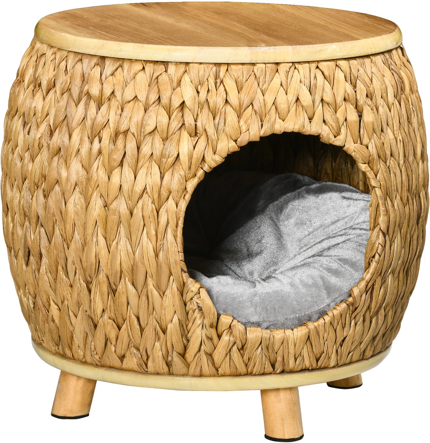 Pawona Kattenmand van waterhyacintgras - Met wasbaar kussen - 44 x 43 x 42 cm - Lichtbruin/Natuurlijk hout/Grijs