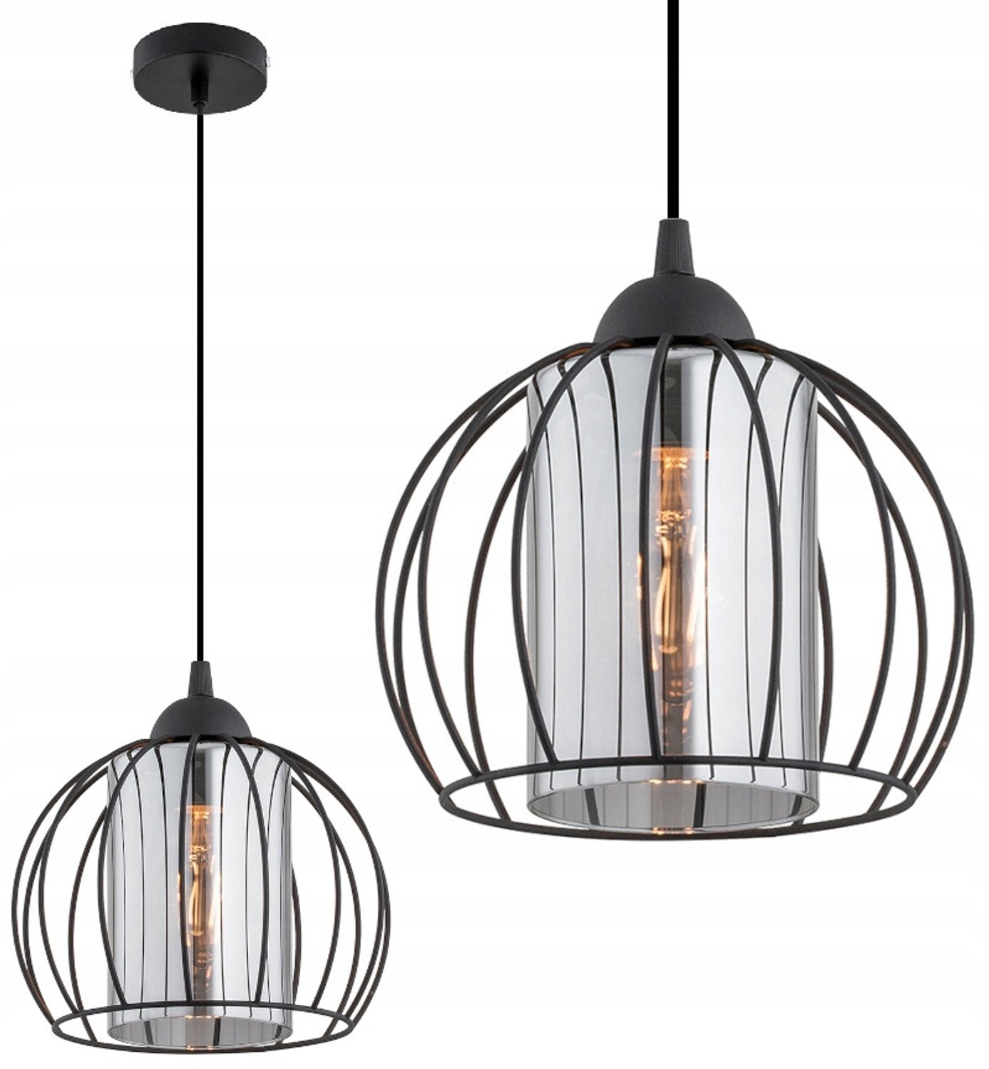 Zwarte Loft Hanglamp met Glazen Kap - E27 Fitting