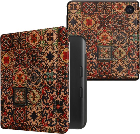 kwmobile e-reader hoesje geschikt voor Kobo Libra Colour hoes - E reader flip case met magnetische sluiting - Ereader cover - Tegelmotief design in bruin / blauw / rood — afbeelding 4