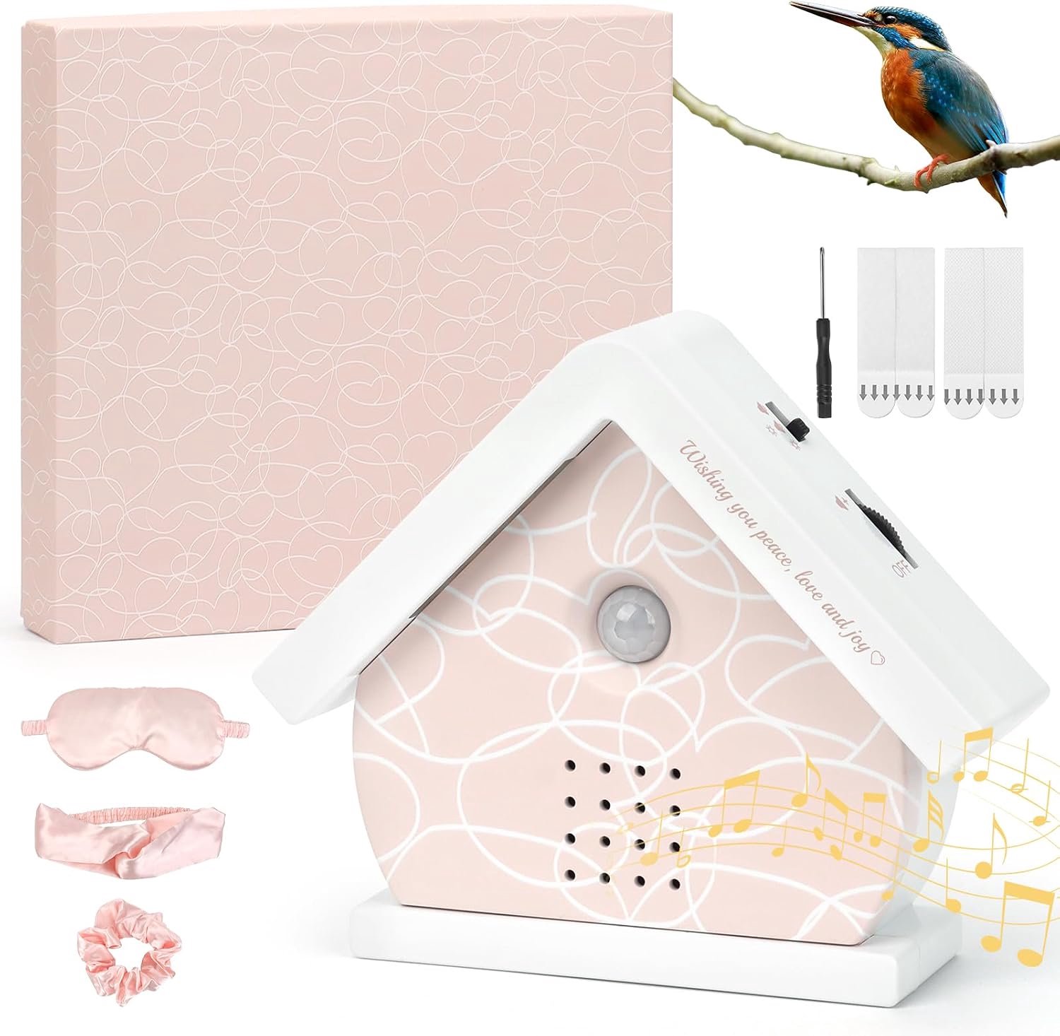 Vogelzwitscher, natuurgeluidenbox met bewegingsmelder, vogelzoeker bewegingsmelder met lampen/timer/12 liedjes, Zwitscherbox cadeauset voor vrouwen, inclusief oogmasker, haarelastiek
