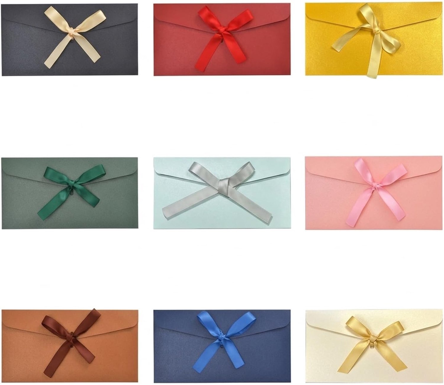 9 gekleurde enveloppen met strik, parelpapier, 22 x 10,8 cm, voor uitnodigingen voor bruiloft, doop en communie, vintage enveloppen voor cadeaukaarten, Kerstmis en evenementen, 9 verschillende kleuren