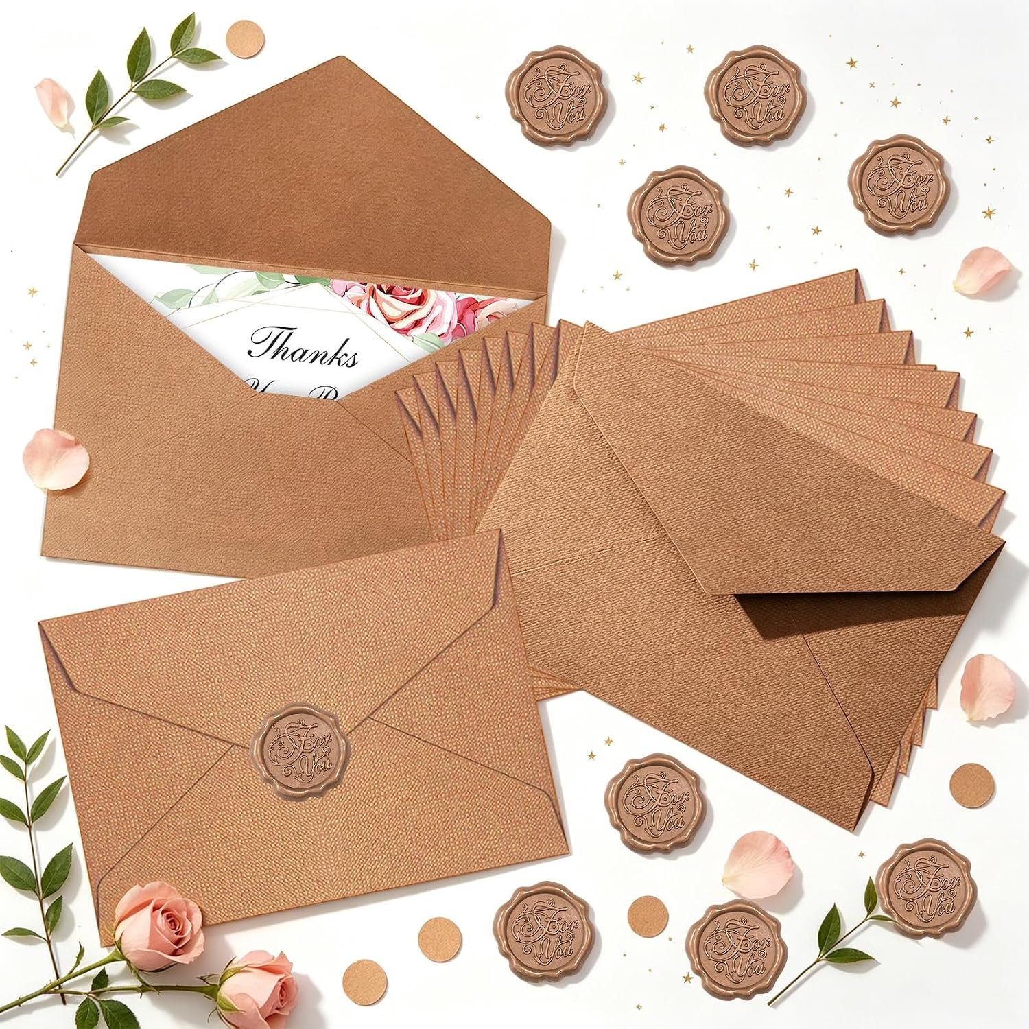 25 stuks vintage linnen enveloppen, met 25 gouden zegelstickers, bruin
