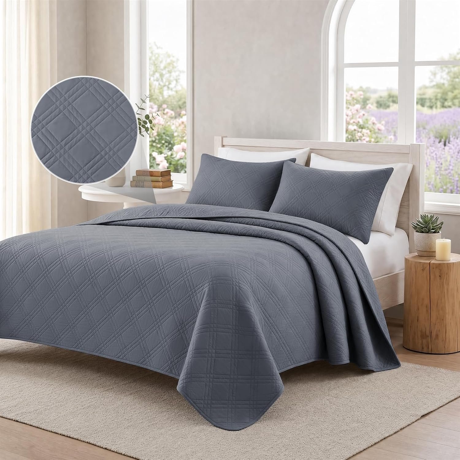 Ademend Beddensprei, 250x250cm, Dun Gewatteerd Beddensprei, Universeel Effen Dubbelzijdig, Zacht En Slijtvast, Voor Lente, Zomer, Herfst En Winter, Donkergrijs