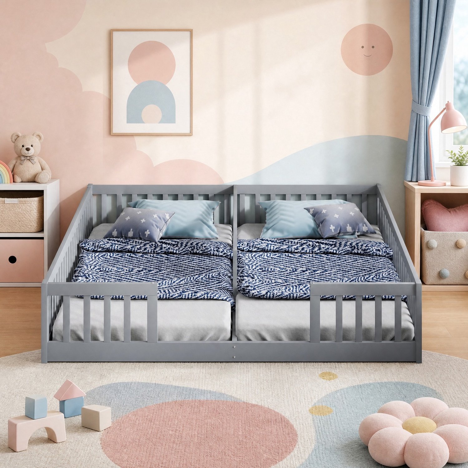 Kinderbed 2 x 90 x 200 cm - veiligheidshekken - lattenbodem - grijs