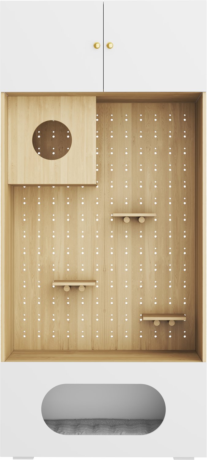 Kattenkast Met Klimmuur En Opbergruimte - Met Kattenhol En Ligplateaus - Zachte Slaapplaats - 90 x 50 x 200 cm - Wit Met Houtlook