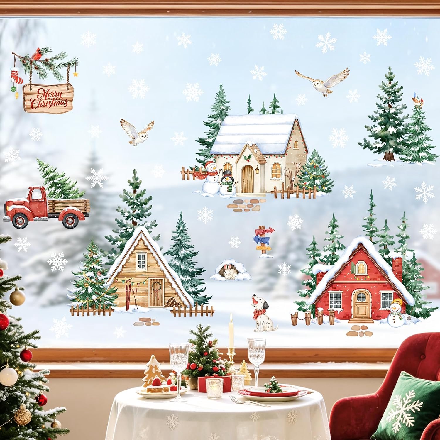 Raamafbeeldingen Kerstmis boom raamsticker winter Kerstmis sneeuwvlokken