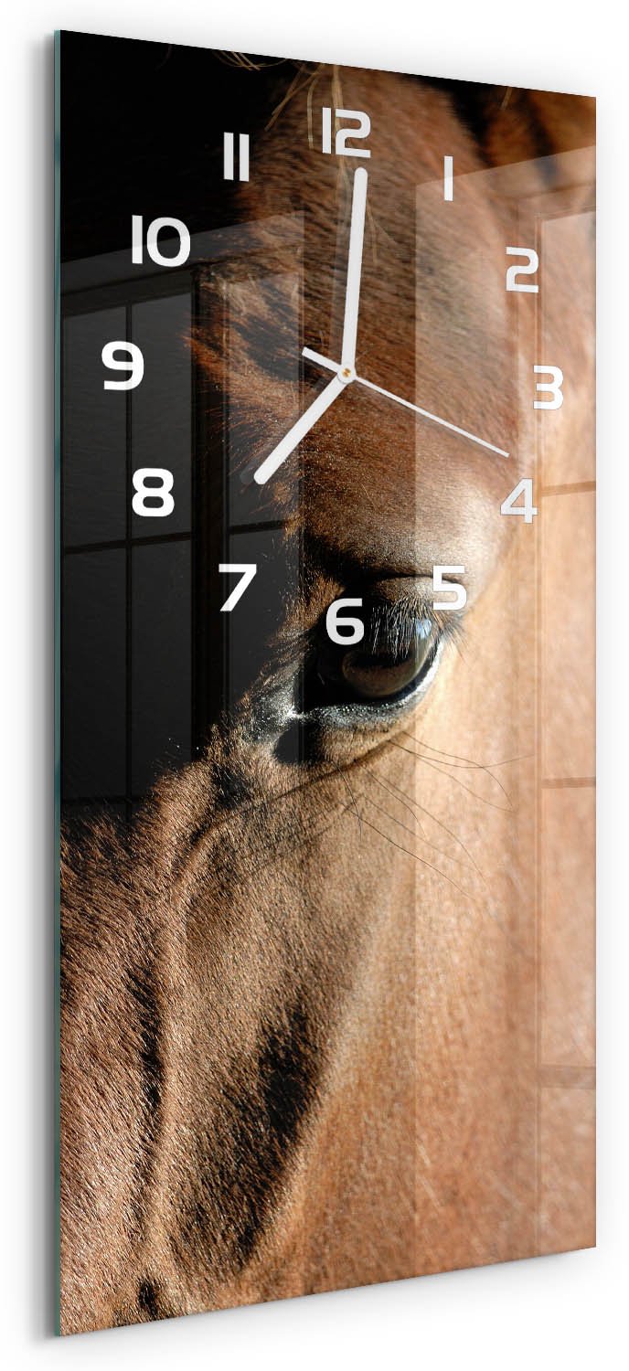 Tulup Wandklok - Paard Decoratieve Glazen Klok - 30x60 cm - Bruin Glazen Wandklok Design - Witte handen - Rechthoekige Klok - Glazen Klok Met Print - Wandklok Glas Met Motief