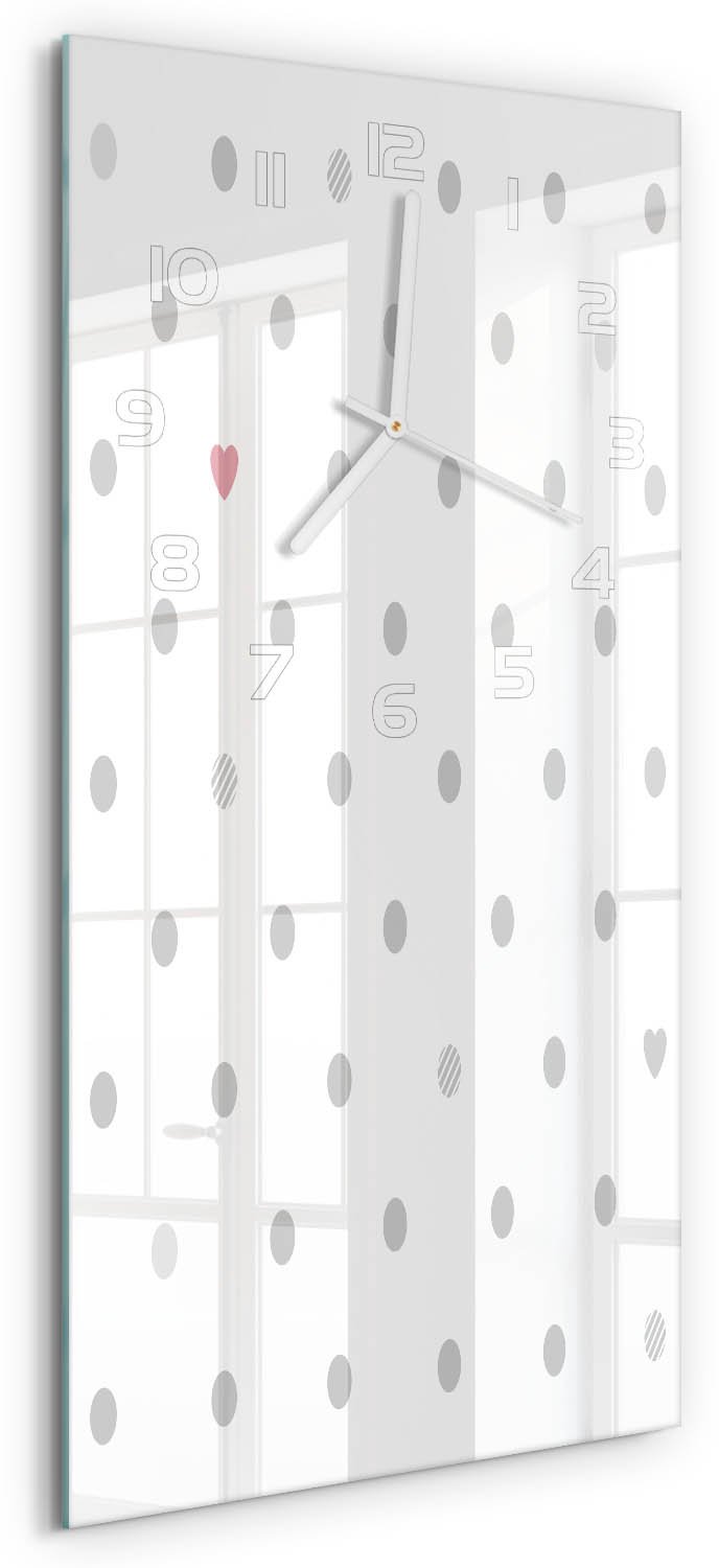 Tulup Wandklok - Stippen en harten Glazen Klok Met Print - 30x60 cm - Grijs Wandklok Glas Met Motief - Witte handen - Rechthoekige Klok - Wandklok Glas Decoratie - Gekleurde Glazen Klok