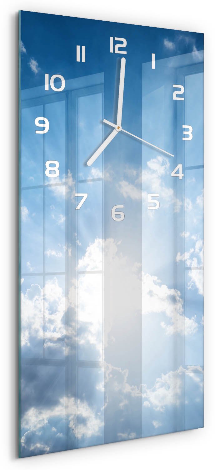 Tulup Wandklok - Wolken aan de hemel Decoratieve Glazen Klok - 30x60 cm - Blauw Glazen Wandklok Design - Witte handen - Rechthoekige Klok - Glazen Klok Met Print - Wandklok Glas Met Motief