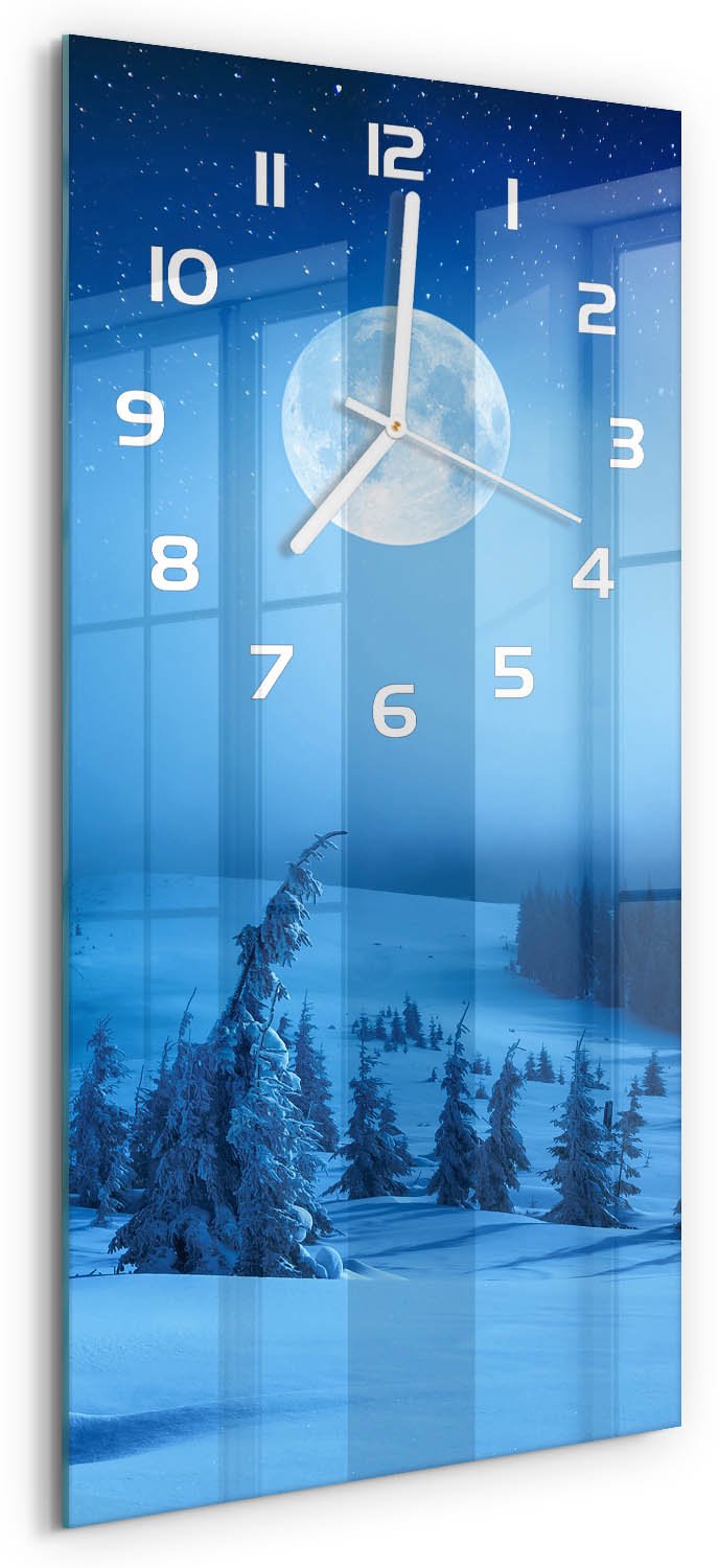 Tulup Wandklok - Volle maan Wandklok Glas Met Motief - 30x60 cm - Blauw Decoratieve Glazen Klok - Witte handen - Rechthoekige Klok - Gekleurde Glazen Klok - Glazen Klok Met Print