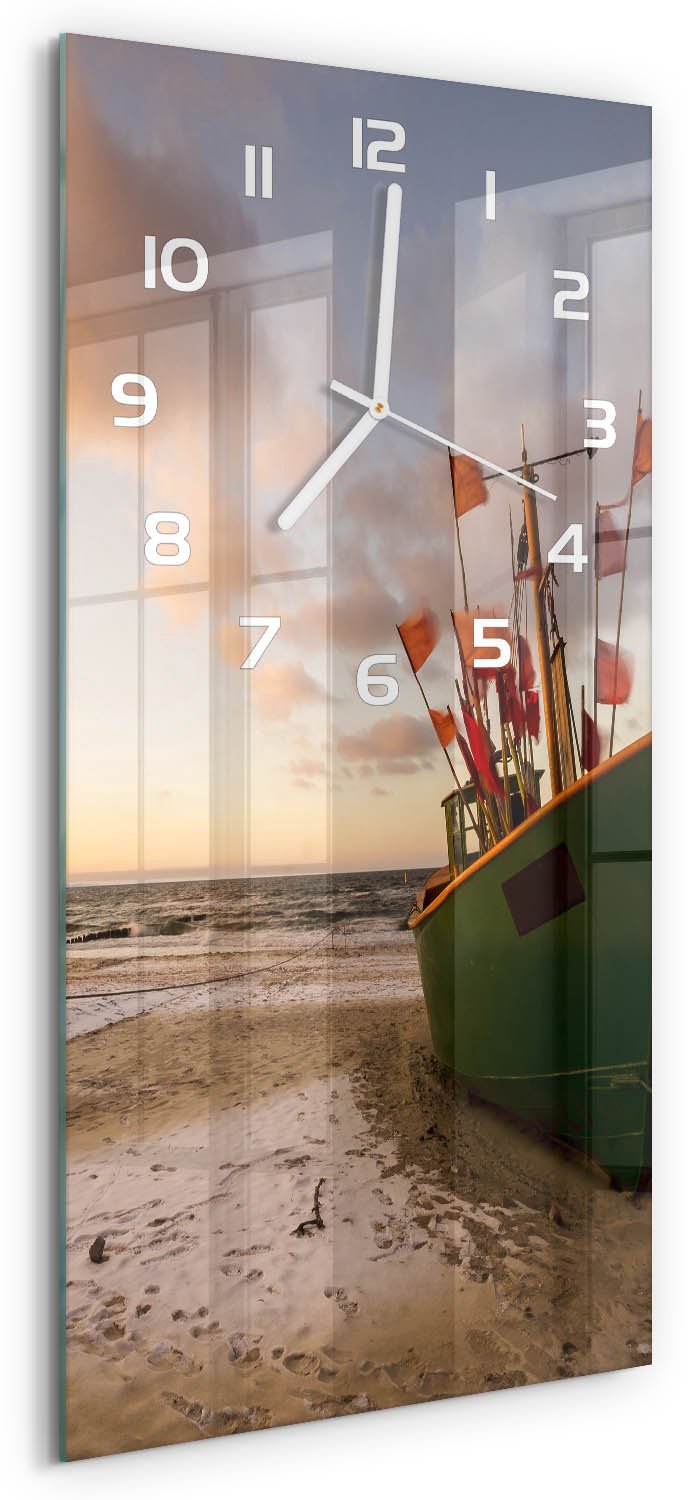 Tulup Wandklok - Strand met vissersboten Gekleurde Glazen Klok - 30x60 cm - Groente Glazen Klok Met Print - Witte handen - Rechthoekige Klok - Moderne Wandklok Glas - Wandklok Glas Decoratie
