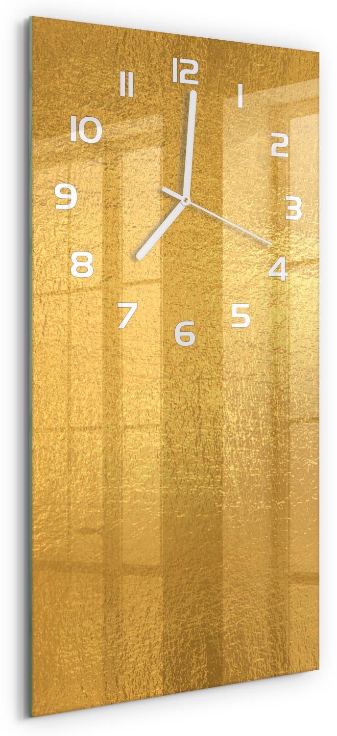 Tulup Wandklok - Achtergrond van goudfolie Glazen Klok Met Print - 30x60 cm - Gouden Wandklok Glas Met Motief - Witte handen - Rechthoekige Klok - Wandklok Glas Decoratie - Gekleurde Glazen Klok