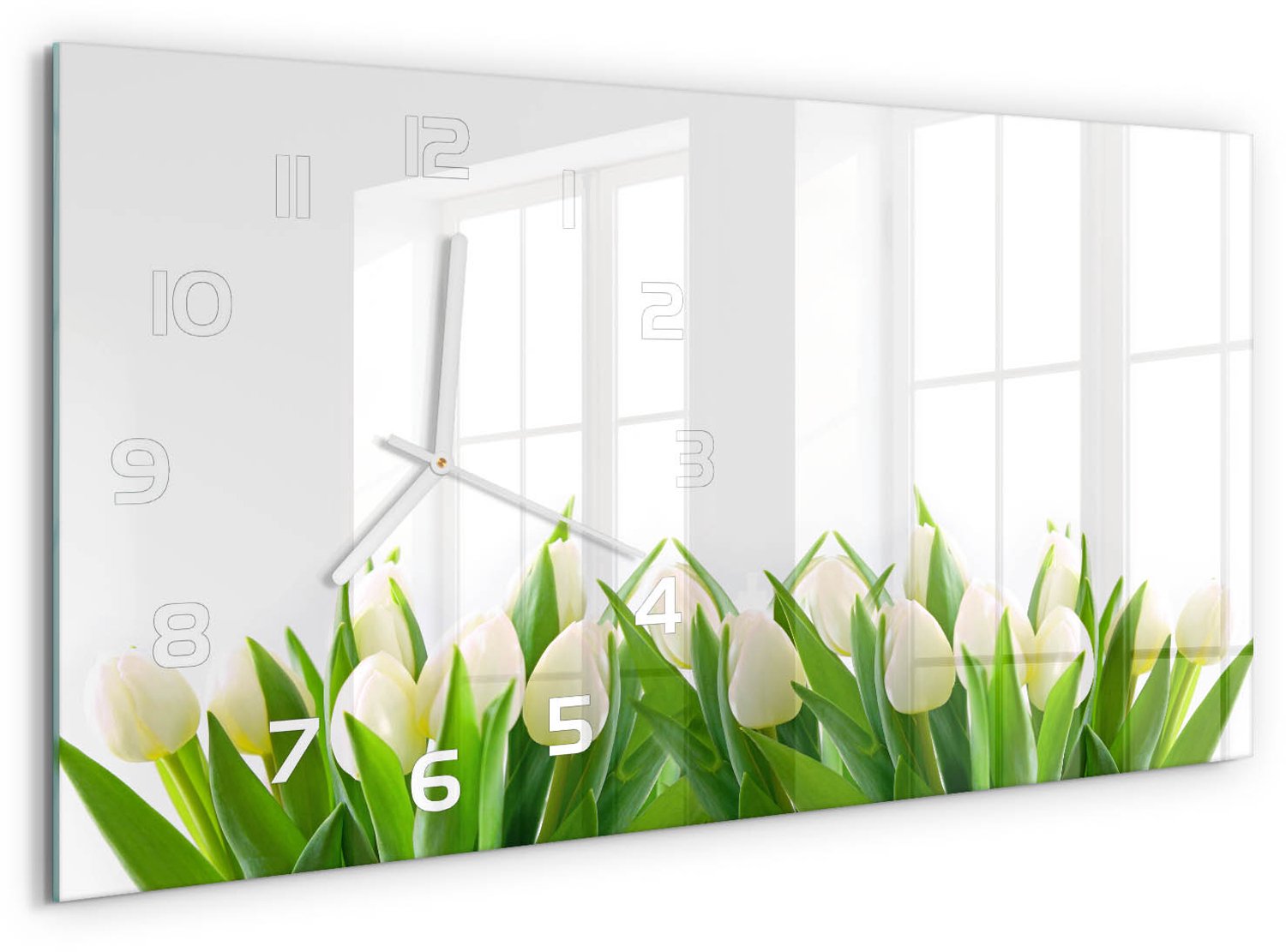 TULUP Wandklok - Witte tulpen Decoratieve Glazen Klok - 60x30 cm - Groente Glazen Wandklok Design - Witte handen - Rechthoekige Klok - Glazen Klok Met Print - Wandklok Glas Met Motief