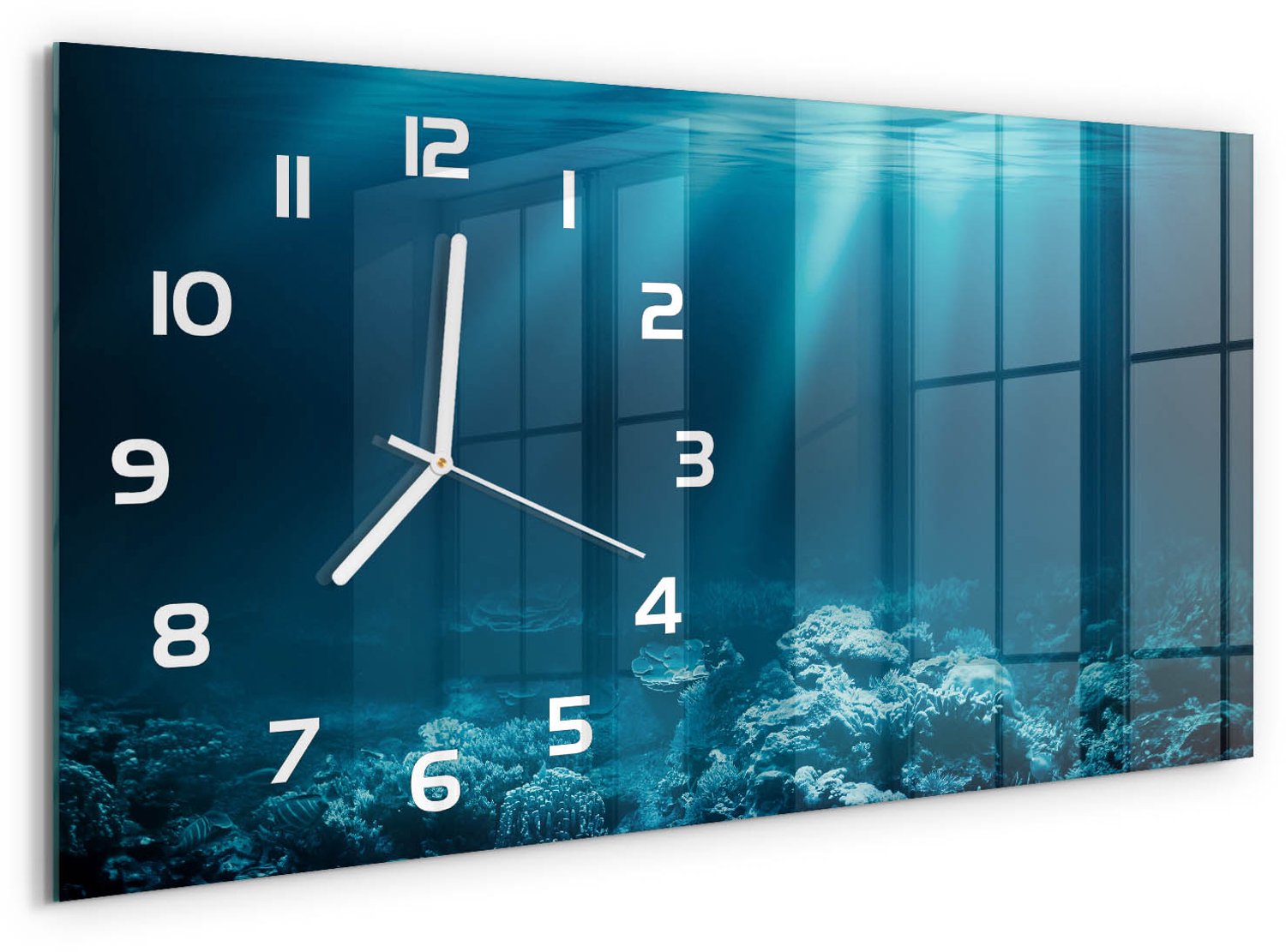 TULUP Wandklok - Onderwaterwereld Wandklok Glas Met Motief - 60x30 cm - Blauw Decoratieve Glazen Klok - Witte handen - Rechthoekige Klok - Gekleurde Glazen Klok - Glazen Klok Met Print