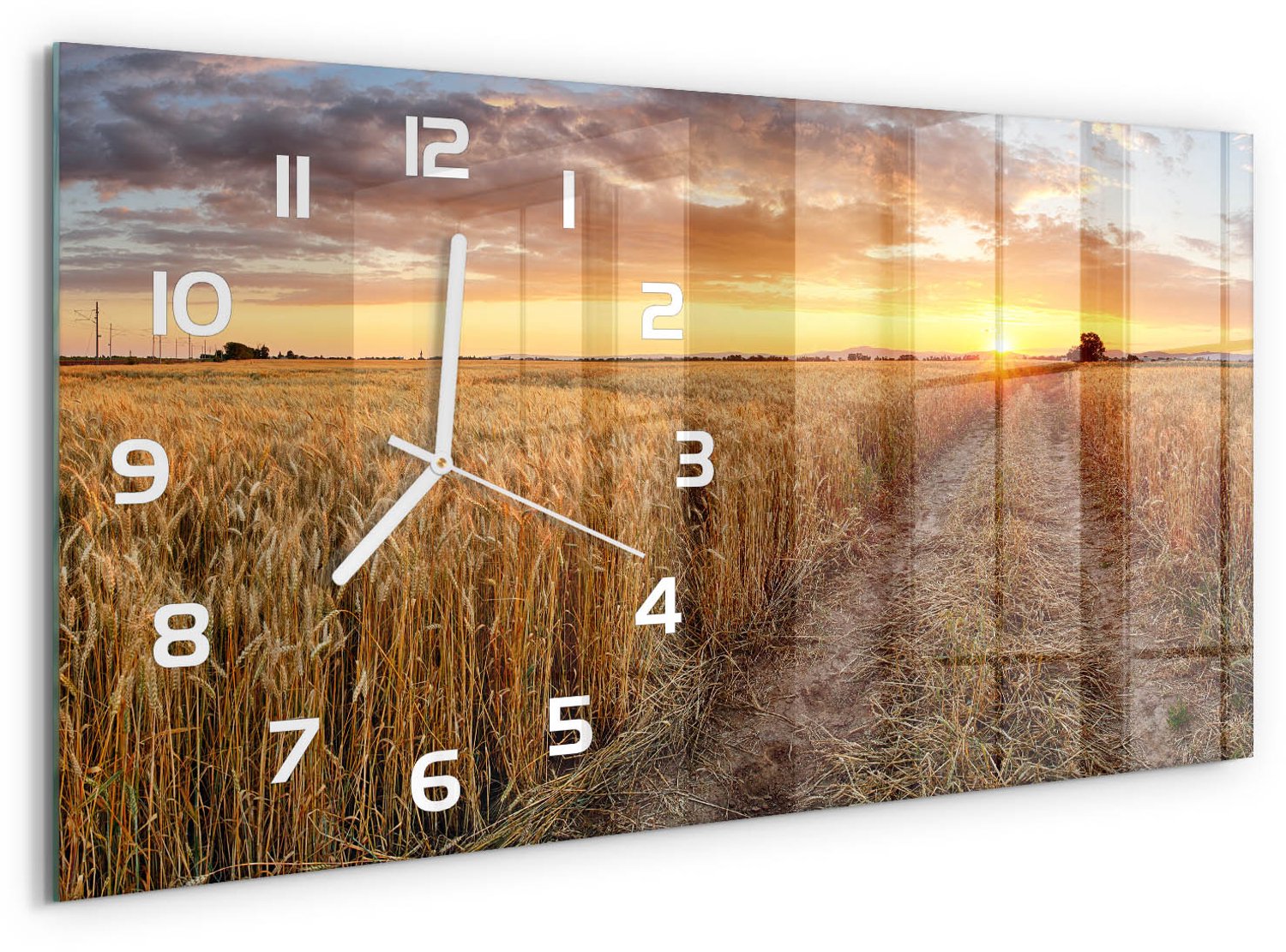 TULUP Wandklok - Tarweveld Klok Glas Met Opdruk - 60x30 cm - Geel Moderne Wandklok Glas - Witte handen - Rechthoekige Klok - Decoratieve Glazen Klok - Glazen Wandklok Design