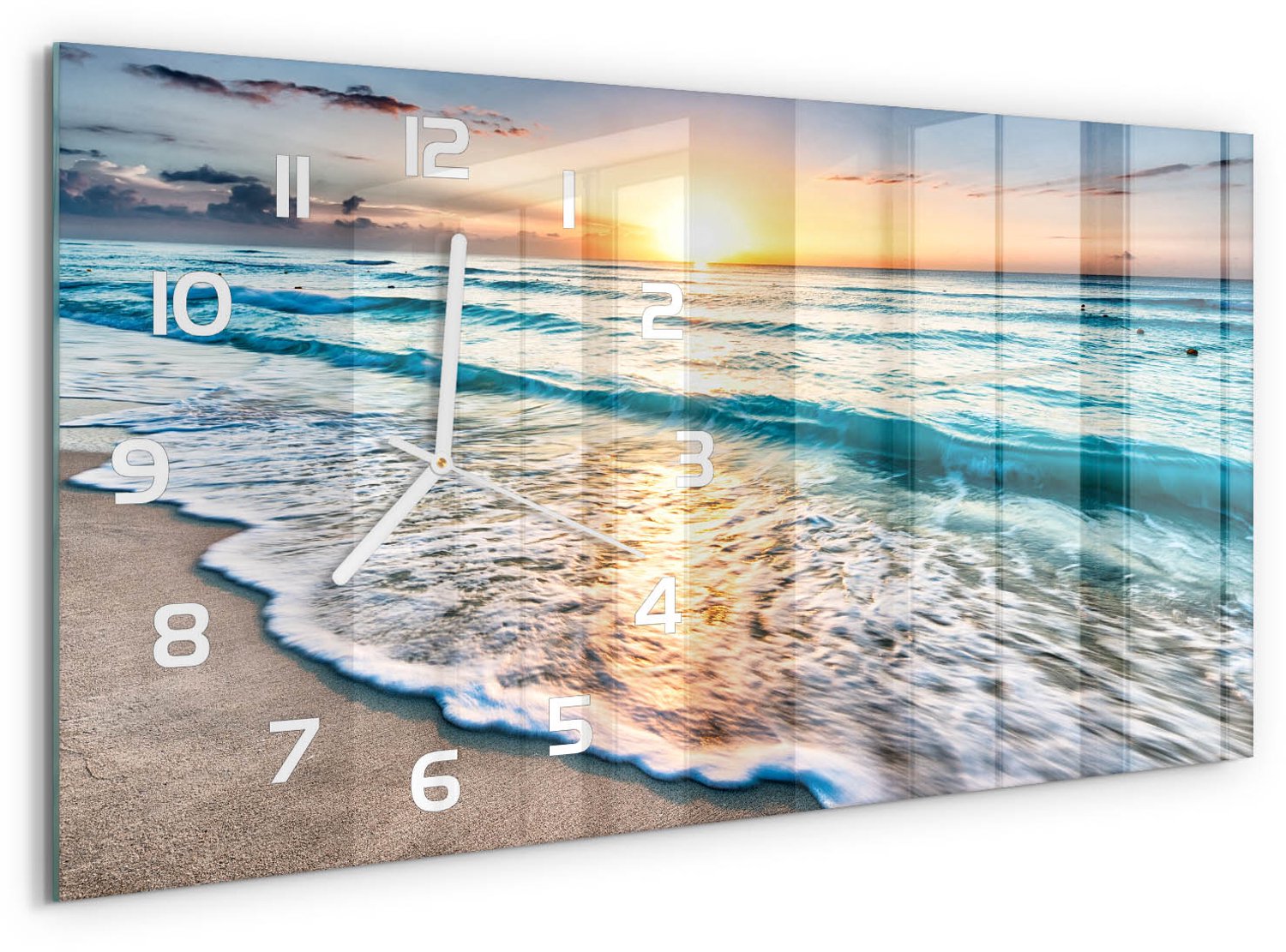 TULUP Wandklok - Zonsondergang op het strand Gekleurde Glazen Klok - 60x30 cm - Geel Glazen Klok Met Print - Witte handen - Rechthoekige Klok - Moderne Wandklok Glas - Wandklok Glas Decoratie