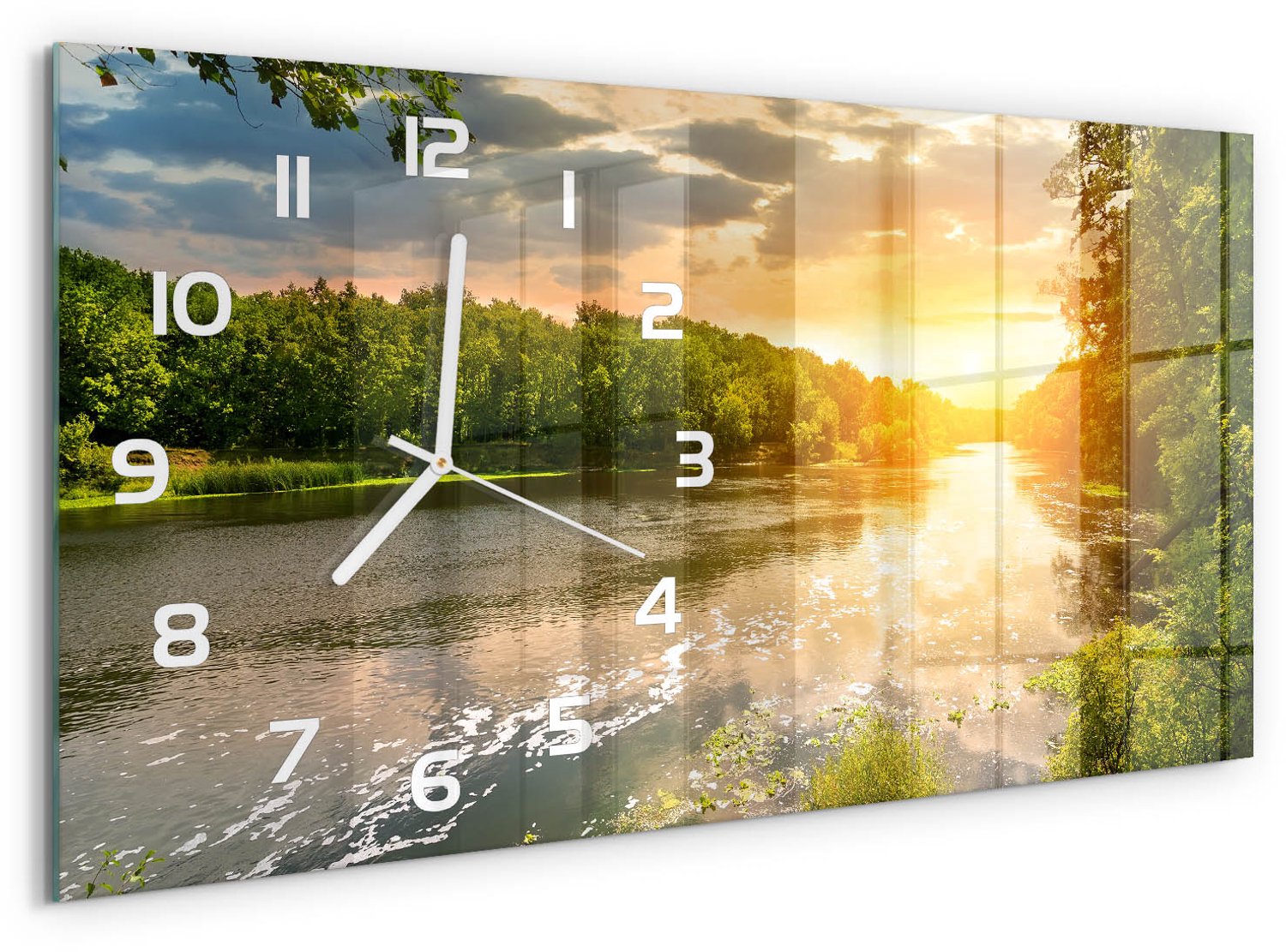 TULUP Wandklok - Schemering aan de rivier Wandklok Glas Decoratie - 60x30 cm - Groente Gekleurde Glazen Klok - Witte handen - Rechthoekige Klok - Klok Glas Met Opdruk - Moderne Wandklok Glas