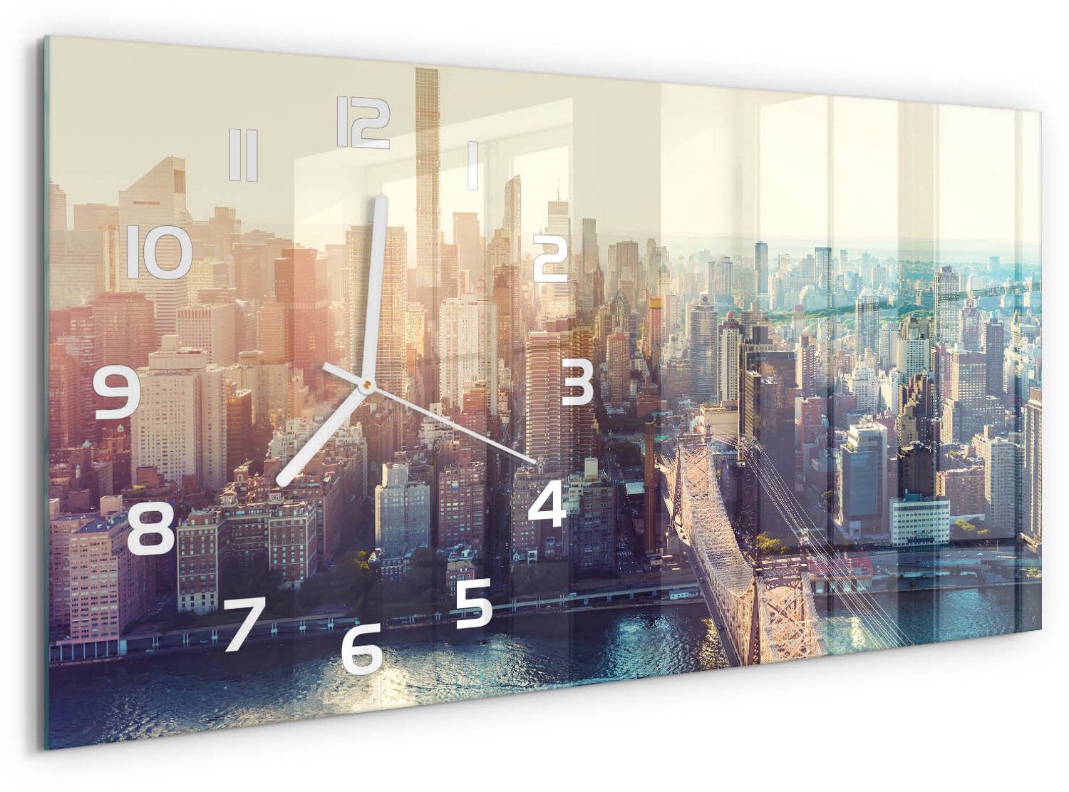 TULUP Wandklok - Vogelsvlucht in New York Decoratieve Glazen Klok - 60x30 cm - Blauw Glazen Wandklok Design - Witte handen - Rechthoekige Klok - Glazen Klok Met Print - Wandklok Glas Met Motief