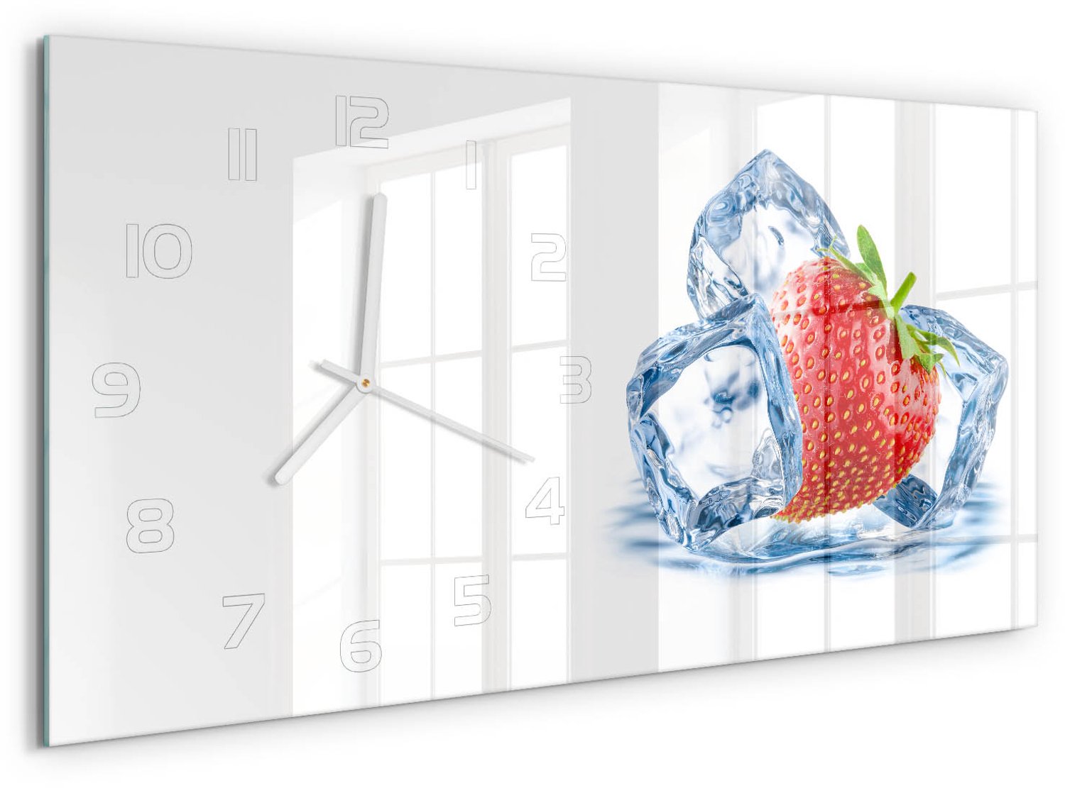 TULUP Wandklok - Aardbei met ijs Wandklok Glas Met Motief - 60x30 cm - Rood Decoratieve Glazen Klok - Witte handen - Rechthoekige Klok - Gekleurde Glazen Klok - Glazen Klok Met Print