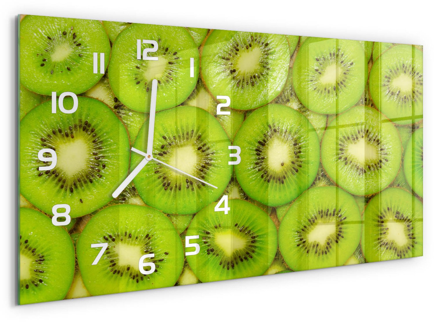 TULUP Wandklok - Kiwi Wandklok Glas Met Motief - 60x30 cm - Groente Decoratieve Glazen Klok - Witte handen - Rechthoekige Klok - Gekleurde Glazen Klok - Glazen Klok Met Print