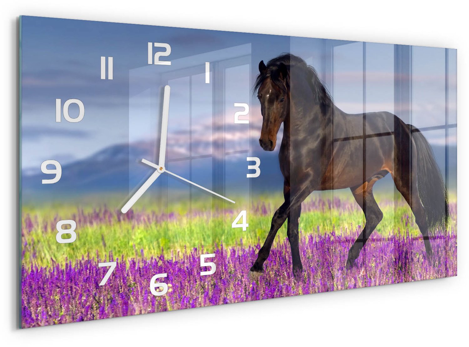 TULUP Wandklok - Paard in het lavendelveld Glazen Wandklok Design - 60x30 cm - Bruin Klok Glas Met Opdruk - Witte handen - Rechthoekige Klok - Wandklok Glas Met Motief - Decoratieve Glazen Klok