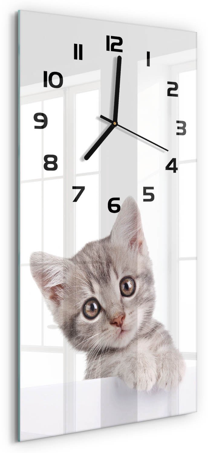 Tulup Wandklok - Grijze kat Wandklok Glas Decoratie - 30x60 cm - Grijs Gekleurde Glazen Klok - Zwarte handen - Rechthoekige Klok - Klok Glas Met Opdruk - Moderne Wandklok Glas