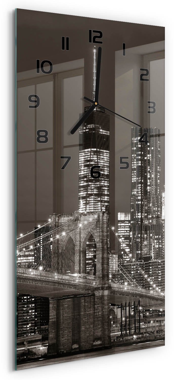 Tulup Wandklok - Manhattan, New York Wandklok Glas Met Motief - 30x60 cm - Zwart-wit Decoratieve Glazen Klok - Zwarte handen - Rechthoekige Klok - Gekleurde Glazen Klok - Glazen Klok Met Print