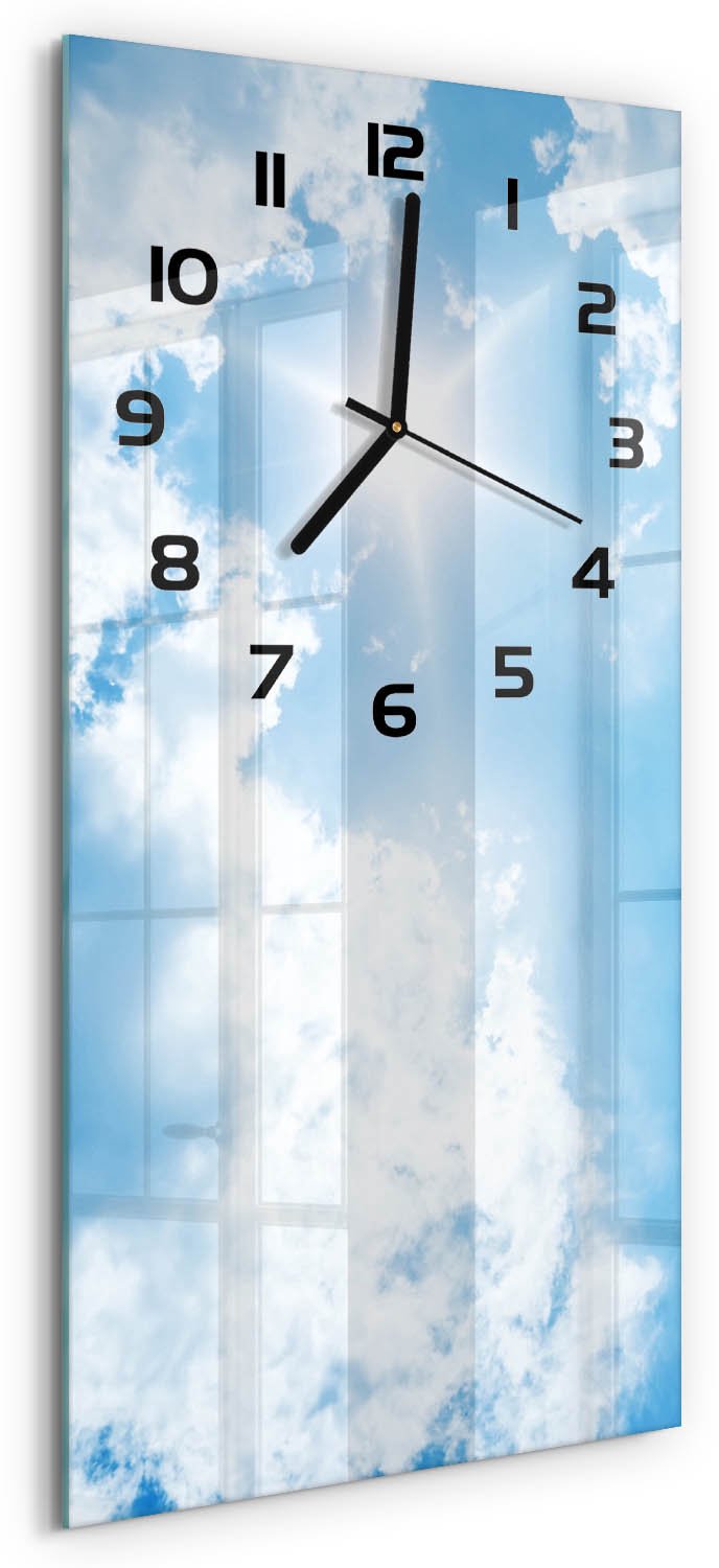 Tulup Wandklok - Wolken aan de hemel Wandklok Glas Met Motief - 30x60 cm - Blauw Decoratieve Glazen Klok - Zwarte handen - Rechthoekige Klok - Gekleurde Glazen Klok - Glazen Klok Met Print