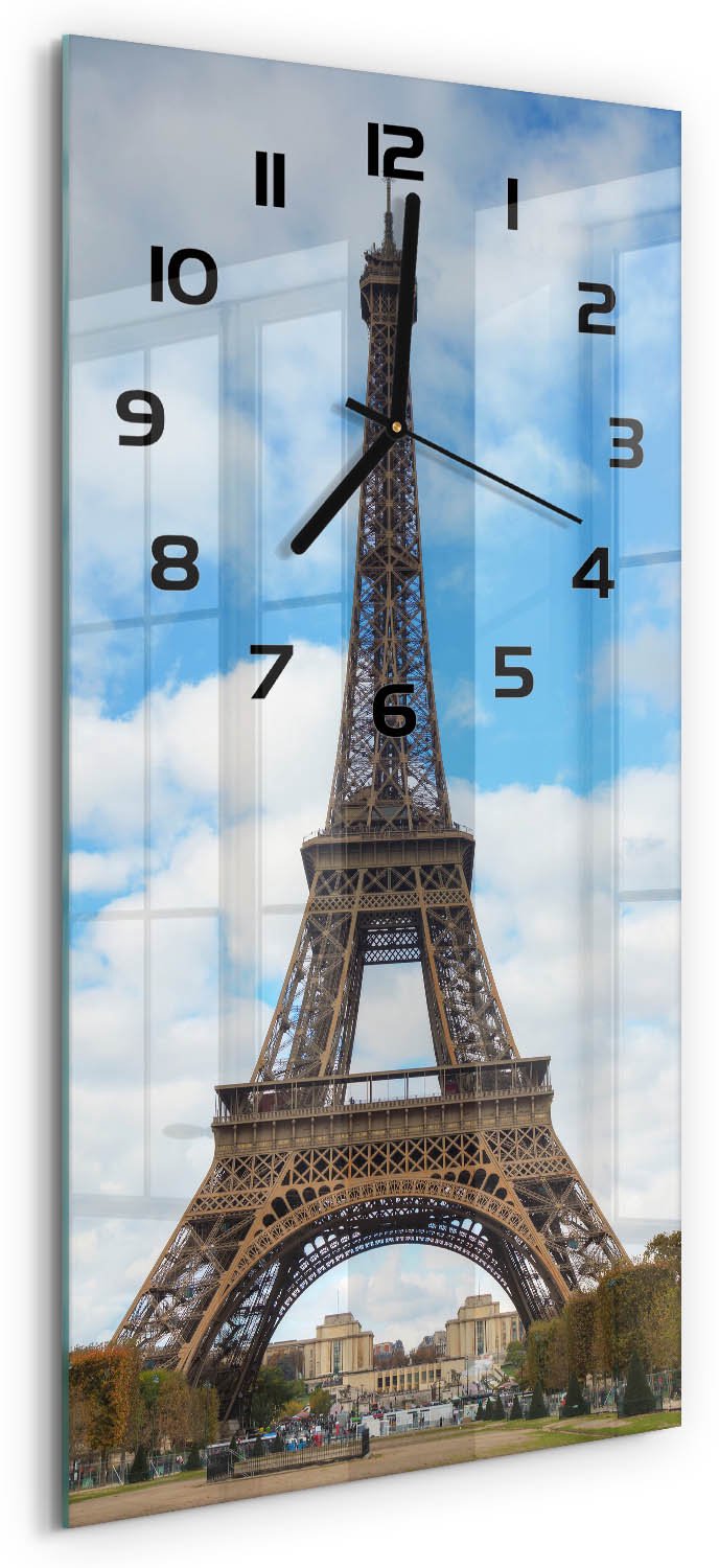 Tulup Wandklok - Eiffeltoren Parijs Wandklok Glas Met Motief - 30x60 cm - Blauw Decoratieve Glazen Klok - Zwarte handen - Rechthoekige Klok - Gekleurde Glazen Klok - Glazen Klok Met Print
