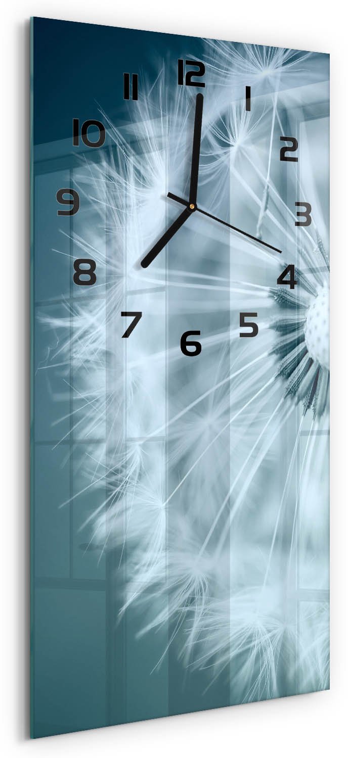Tulup Wandklok - Paardebloem Glazen Wandklok Design - 30x60 cm - Blauw Klok Glas Met Opdruk - Zwarte handen - Rechthoekige Klok - Wandklok Glas Met Motief - Decoratieve Glazen Klok