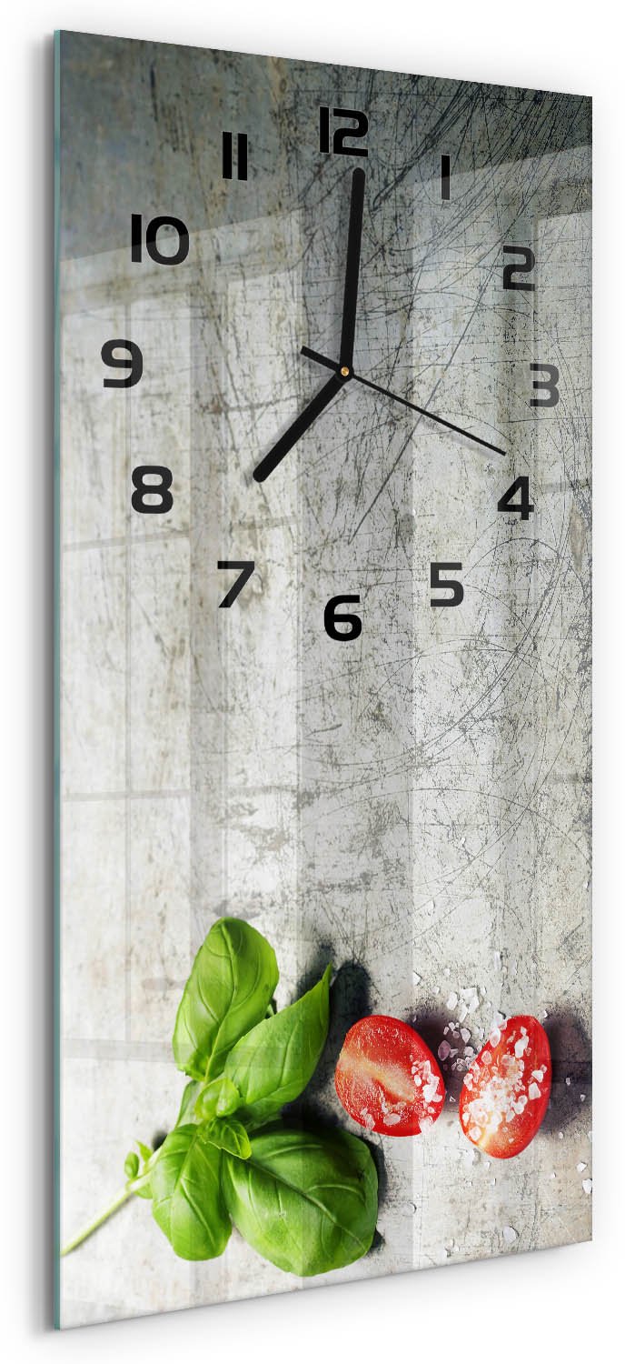 Tulup Wandklok - Tomaten en basilicum Decoratieve Glazen Klok - 30x60 cm - Rood Glazen Wandklok Design - Zwarte handen - Rechthoekige Klok - Glazen Klok Met Print - Wandklok Glas Met Motief