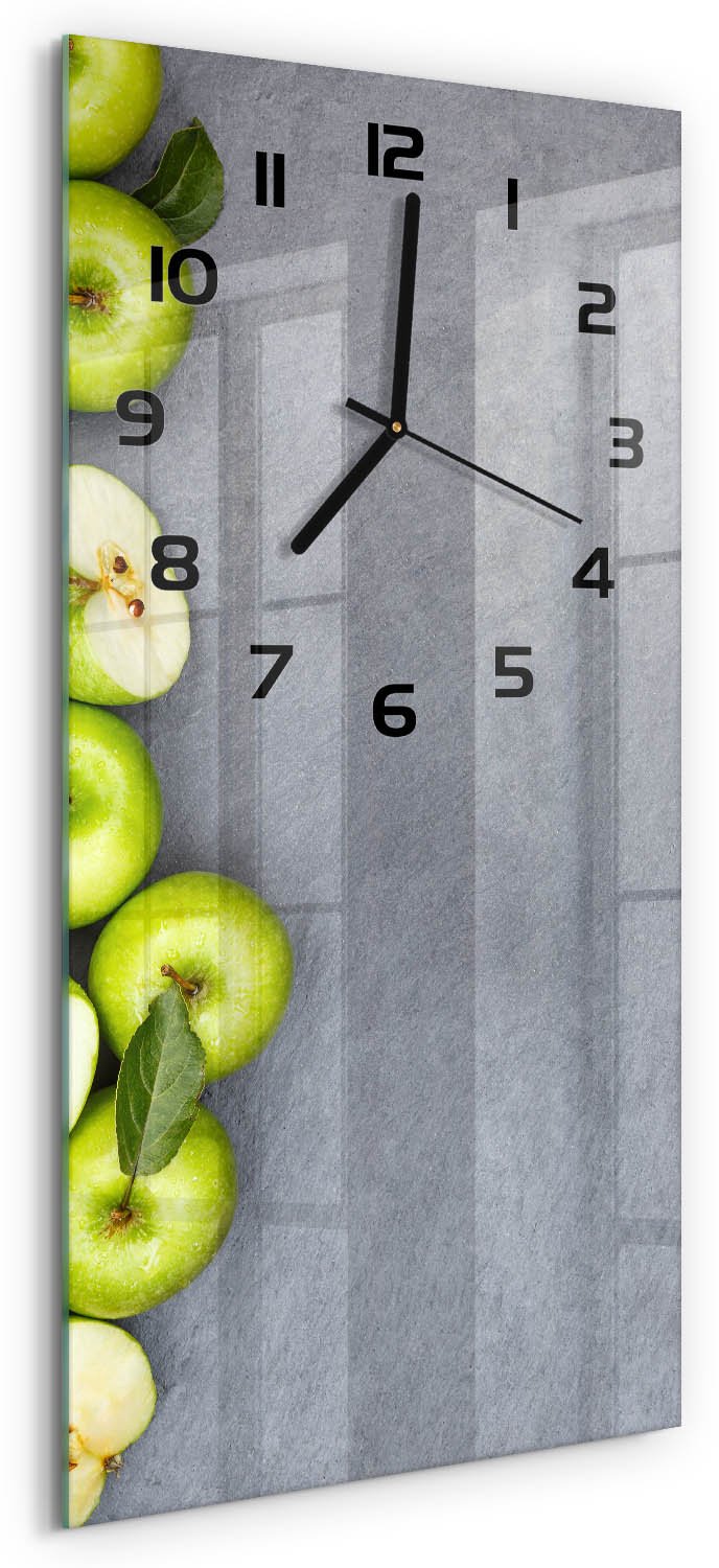 Tulup Wandklok - Groene appels Decoratieve Glazen Klok - 30x60 cm - Groente Glazen Wandklok Design - Zwarte handen - Rechthoekige Klok - Glazen Klok Met Print - Wandklok Glas Met Motief