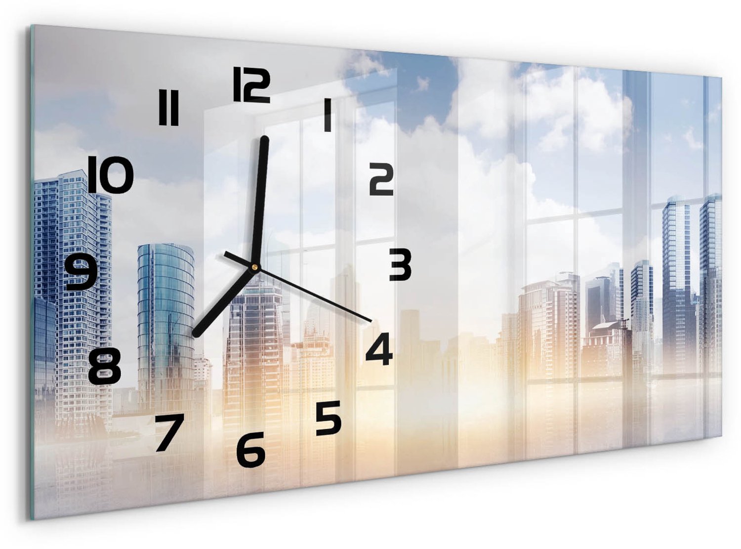 TULUP Wandklok - Wolkenkrabber Gekleurde Glazen Klok - 60x30 cm - Blauw Glazen Klok Met Print - Zwarte handen - Rechthoekige Klok - Moderne Wandklok Glas - Wandklok Glas Decoratie