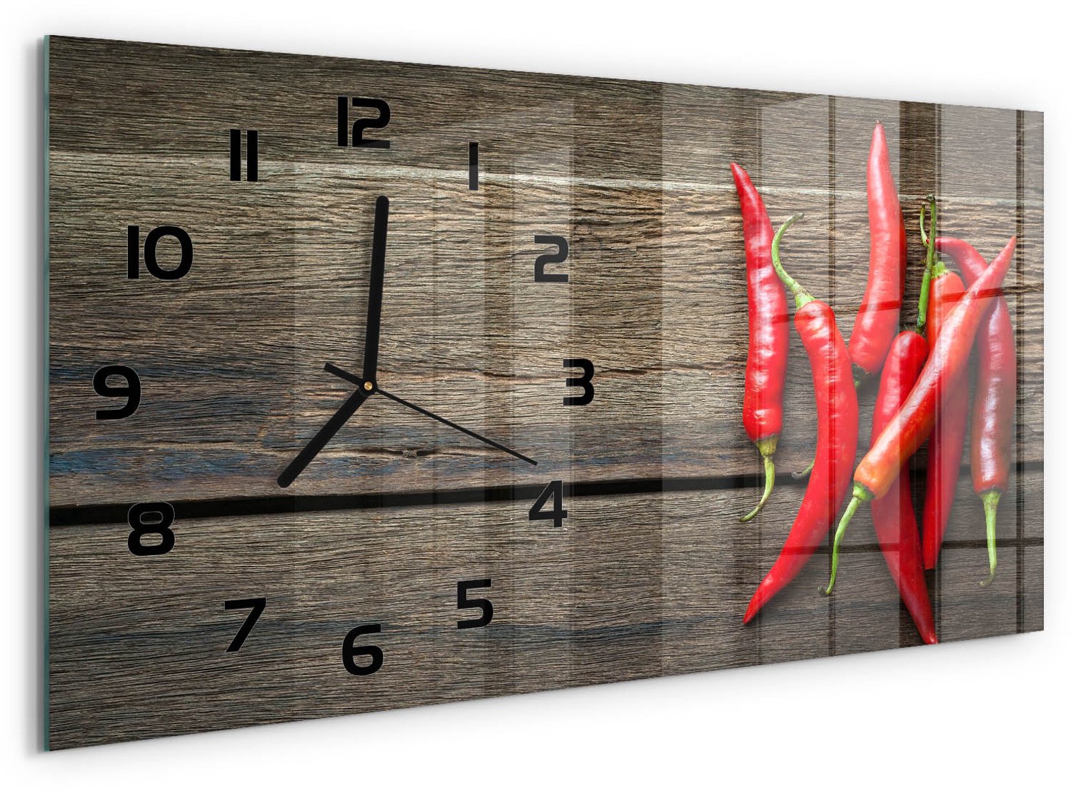 TULUP Wandklok - Chilipepers Klok Glas Met Opdruk - 60x30 cm - Rood Moderne Wandklok Glas - Zwarte handen - Rechthoekige Klok - Decoratieve Glazen Klok - Glazen Wandklok Design
