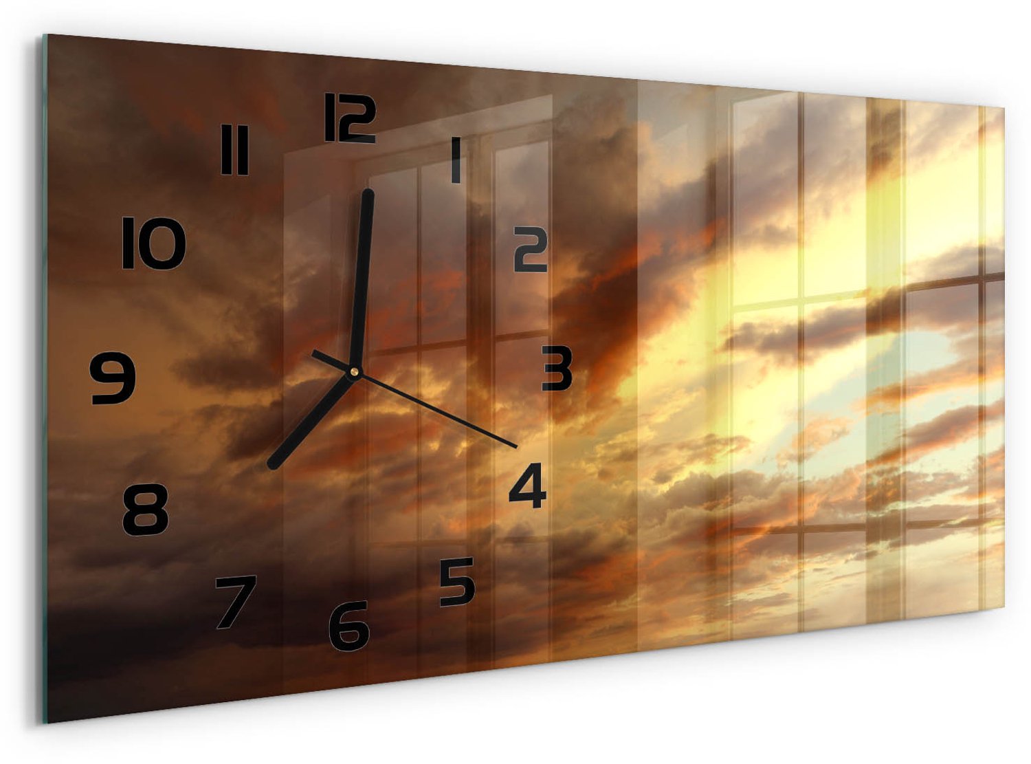 TULUP Wandklok - Zonsopgang Klok Glas Met Opdruk - 60x30 cm - Geel Moderne Wandklok Glas - Zwarte handen - Rechthoekige Klok - Decoratieve Glazen Klok - Glazen Wandklok Design
